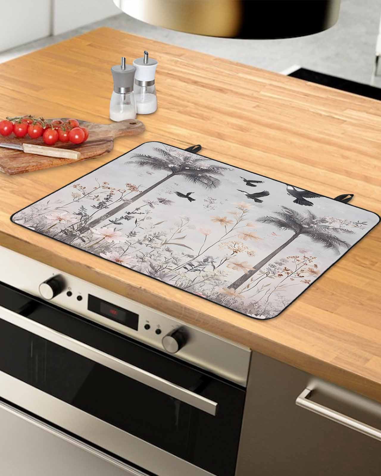 nqOlkjepod Large Induction Cooktop Protector Mat 36"x21", Spring Floral Stove Top Covers for Electric Stove, Watercolor Birds Palm Tree Botanical Stove Burner Cover Mats, Glass Top Stove Cover