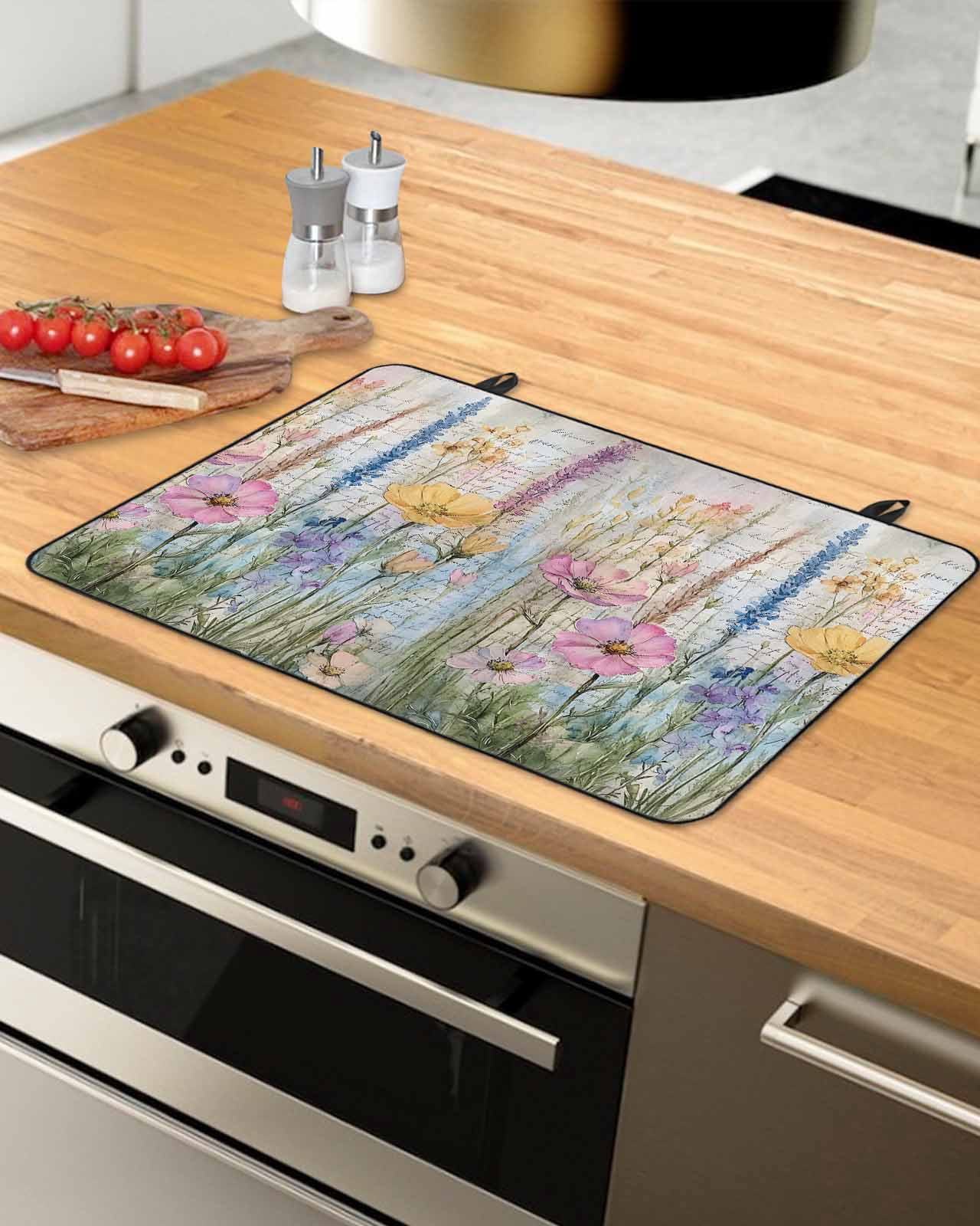 nqOlkjepod Large Induction Cooktop Protector Mat 36"x21", Spring Floral Stove Top Covers for Electric Stove, Watercolor Summer Botanical Farmhouse Flowers Stove Burner Cover Mats Stove Cover