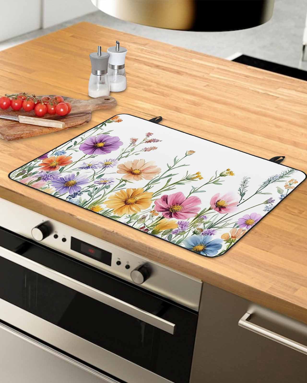 nqOlkjepod Large Induction Cooktop Protector Mat 36"x21", Spring Floral Stove Top Covers for Electric Stove, Yellow Pink Flowers Watercolor Pastoral Stove Burner Cover Mats, Glass Top Stove Cover