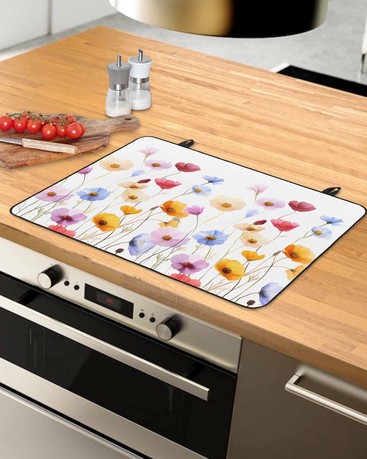 nqOlkjepod Large Induction Cooktop Protector Mat 36"x21", Spring Flowers Stove Top Covers for Electric Stove, Seasonal Botanical Blooms Wild Floral Stove Burner Cover Mats, Glass Top Stove Cover
