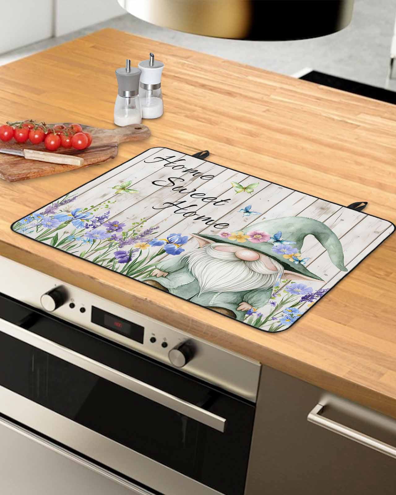 nqOlkjepod Large Induction Cooktop Protector Mat 36"x21", Spring Gnomes Stove Top Covers for Electric Stove, Rustic Botanical Flowers Beige Wooden Stove Burner Cover Mats, Glass Top Stove Cover