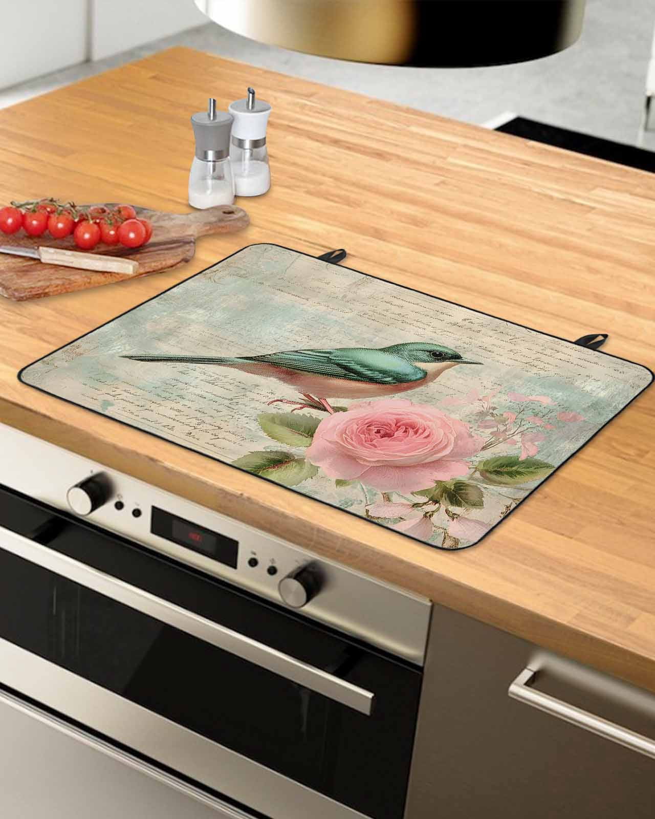 nqOlkjepod Large Induction Cooktop Protector Mat 36"x21", Spring Pink Flower Stove Top Covers for Electric Stove, Green Bird Country Retro Mottled Stove Burner Cover Mats, Glass Top Stove Cover