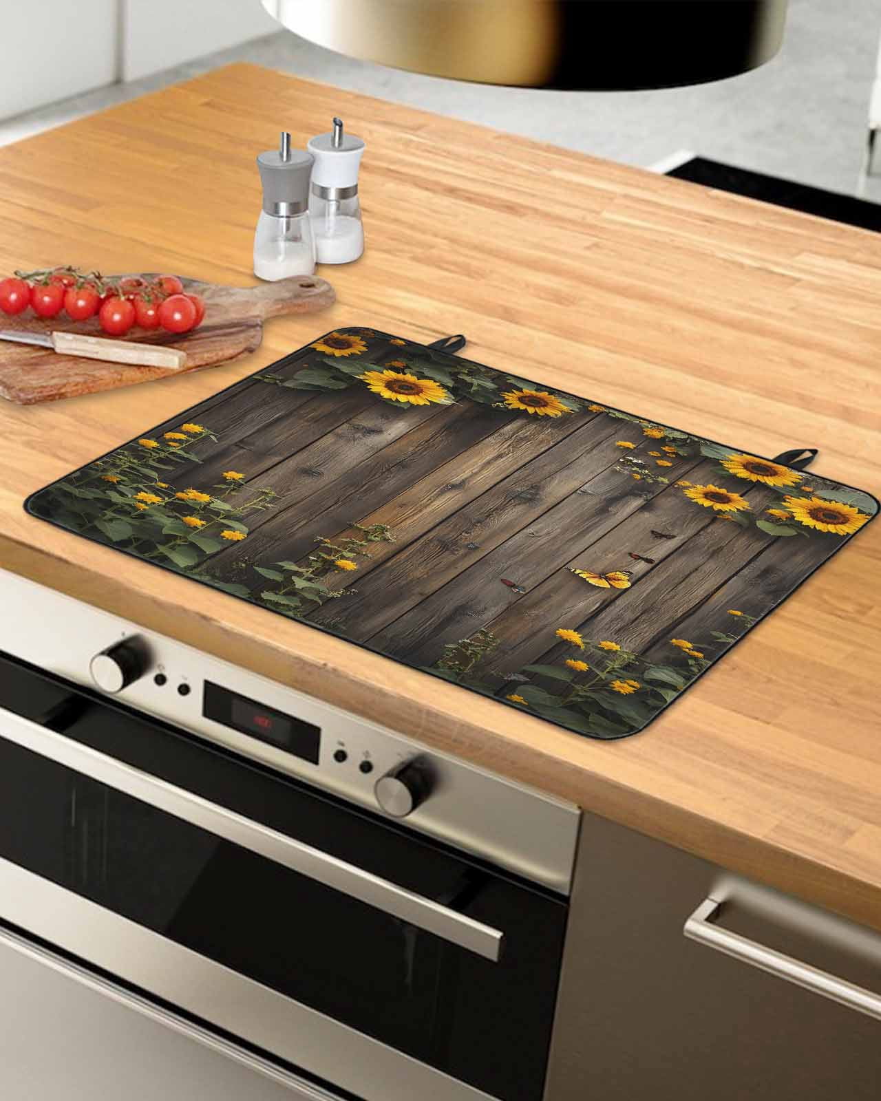 nqOlkjepod Large Induction Cooktop Protector Mat 36"x21", Spring Sunflower Stove Top Covers for Electric Stove, Wildflower Leaves Wood Plank Country Stove Burner Cover Mats, Glass Top Stove Cover