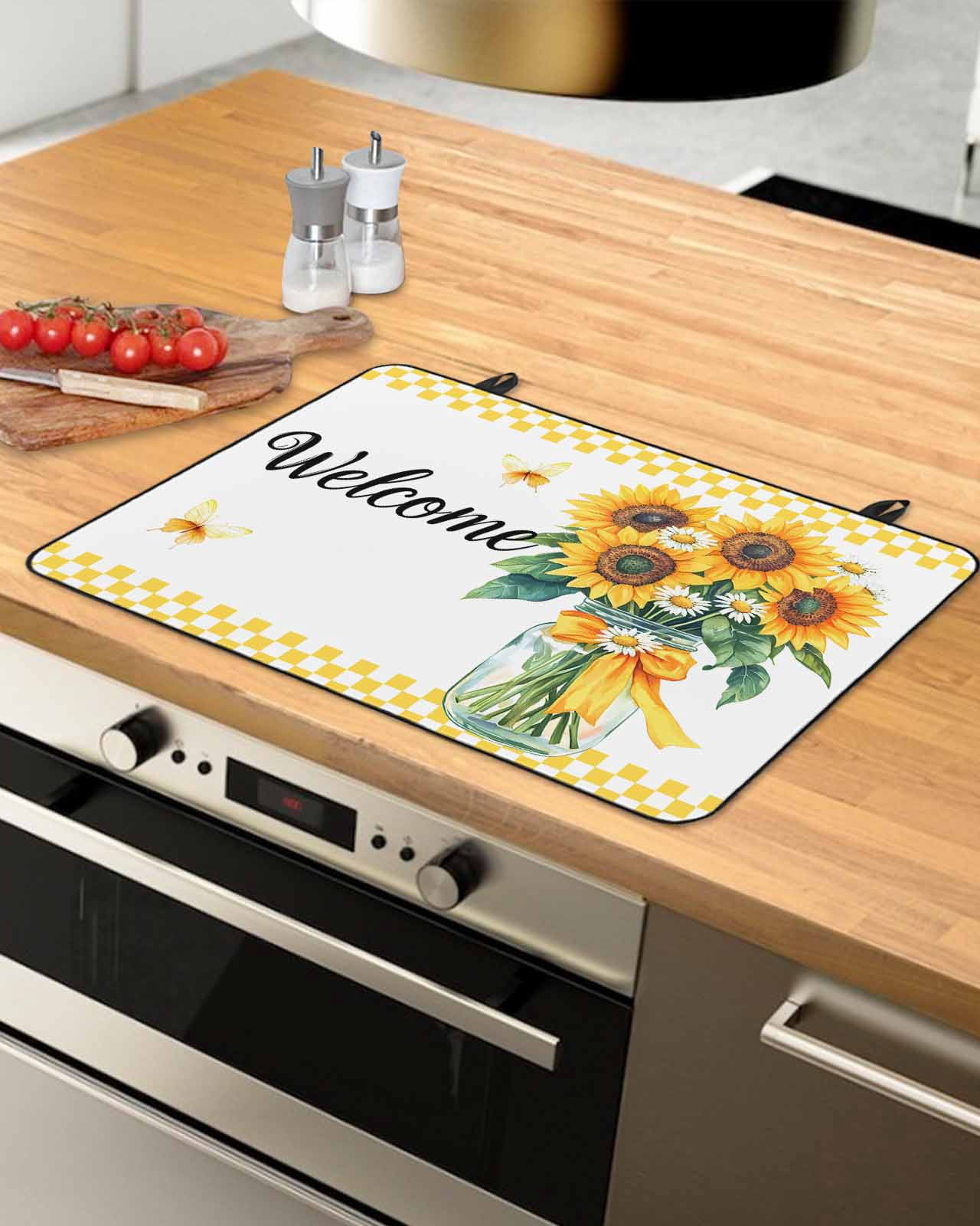 nqOlkjepod Large Induction Cooktop Protector Mat 36"x21", Spring Sunflower Stove Top Covers for Electric Stove, Yellow Butterfly Plaid Botanical Stove Burner Cover Mats, Glass Top Stove Cover