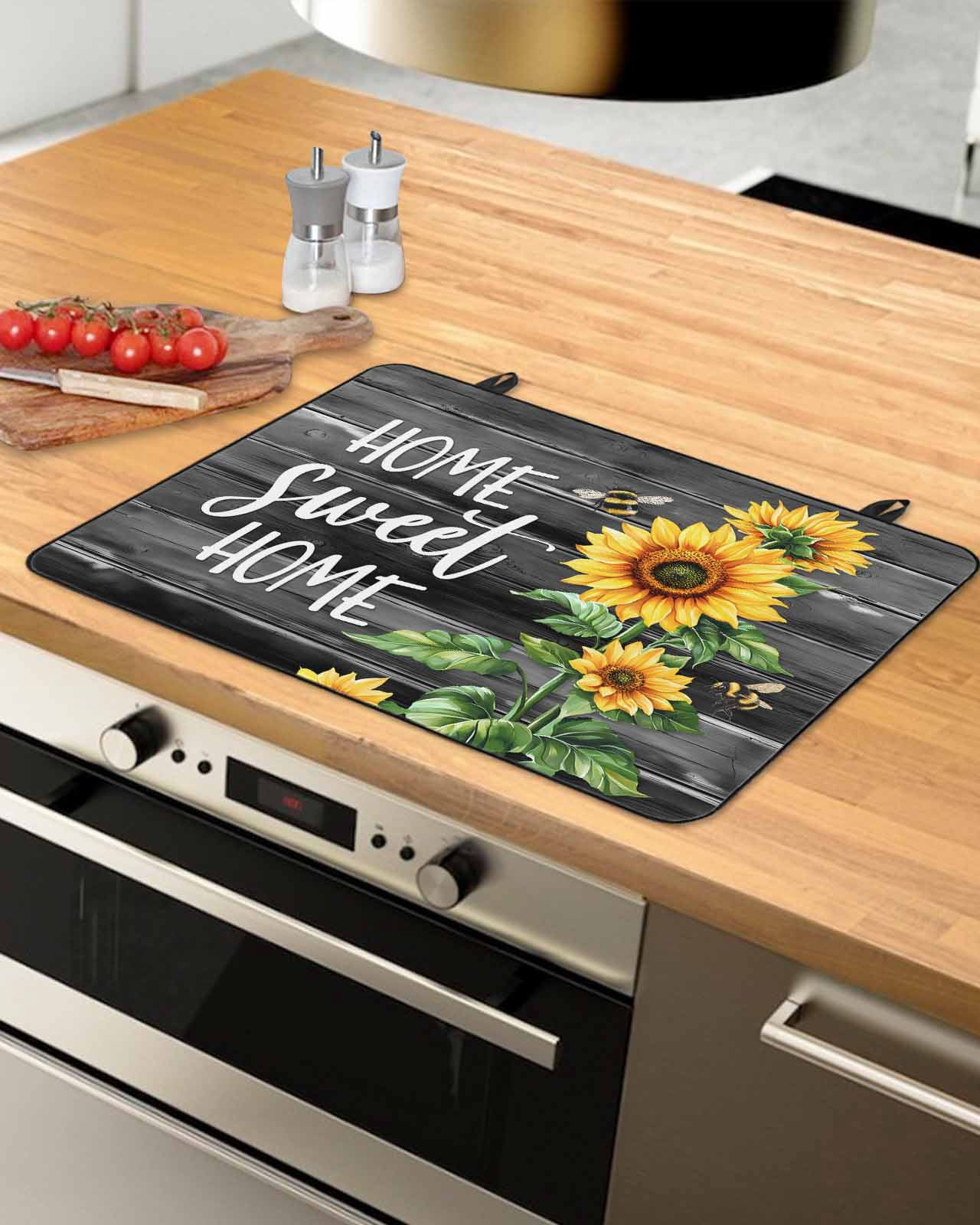 nqOlkjepod Large Induction Cooktop Protector Mat 36"x21", Spring Sunflowers Stove Top Covers for Electric Stove, Black Wooden Grain Country Farm Stove Burner Cover Mats, Glass Top Stove Cover