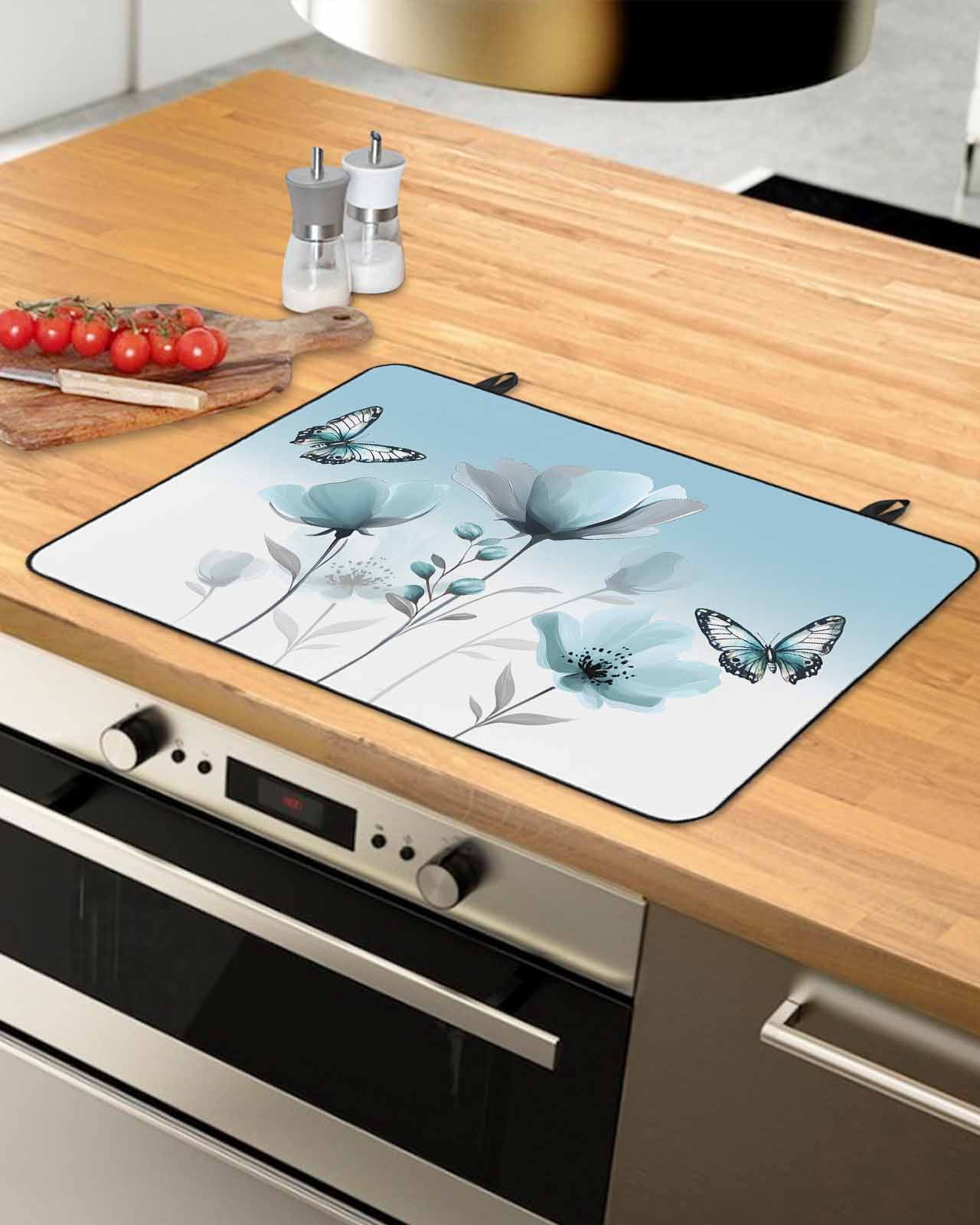 nqOlkjepod Large Induction Cooktop Protector Mat 36"x21", Spring Tulip Stove Top Covers for Electric Stove, Pastoral Rustic Chic Butterfly Floral Stove Burner Cover Mats, Glass Top Stove Cover