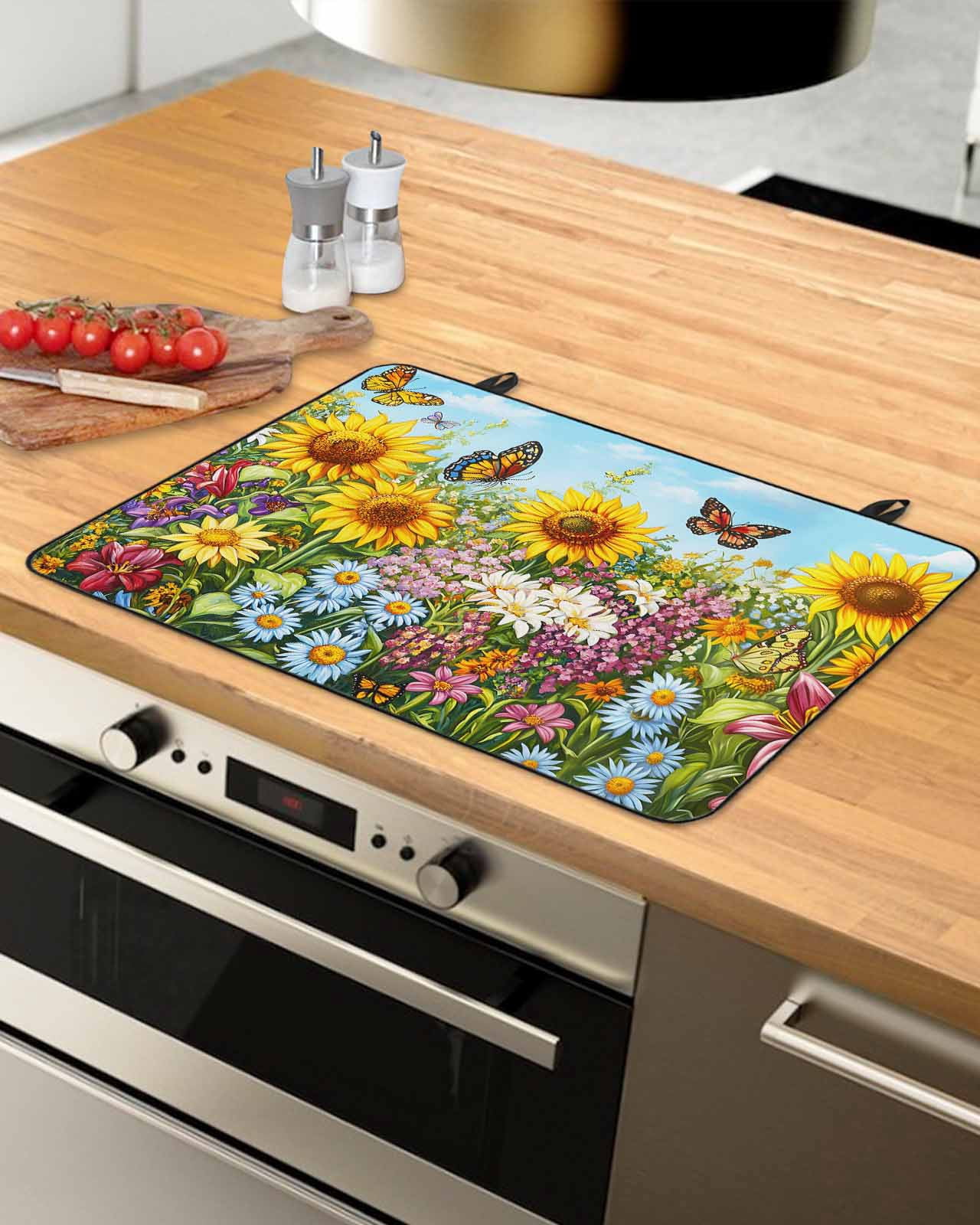 nqOlkjepod Large Induction Cooktop Protector Mat 36"x21", Spring Wildflower Stove Top Covers for Electric Stove, Floral Leaves Country Pastoral Stove Burner Cover Mats, Glass Top Stove Cover