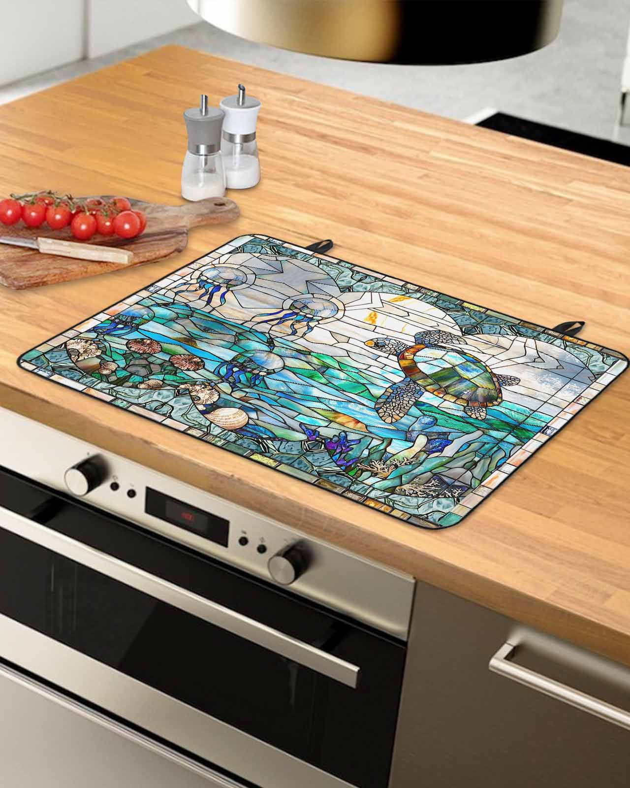 nqOlkjepod Large Induction Cooktop Protector Mat 36"x21", Stained Glass Sea Turtle Stove Top Covers for Electric Stove, Summer Coastal Ocean Jellyfish Stove Burner Cover Mats, Glass Top Stove Cover