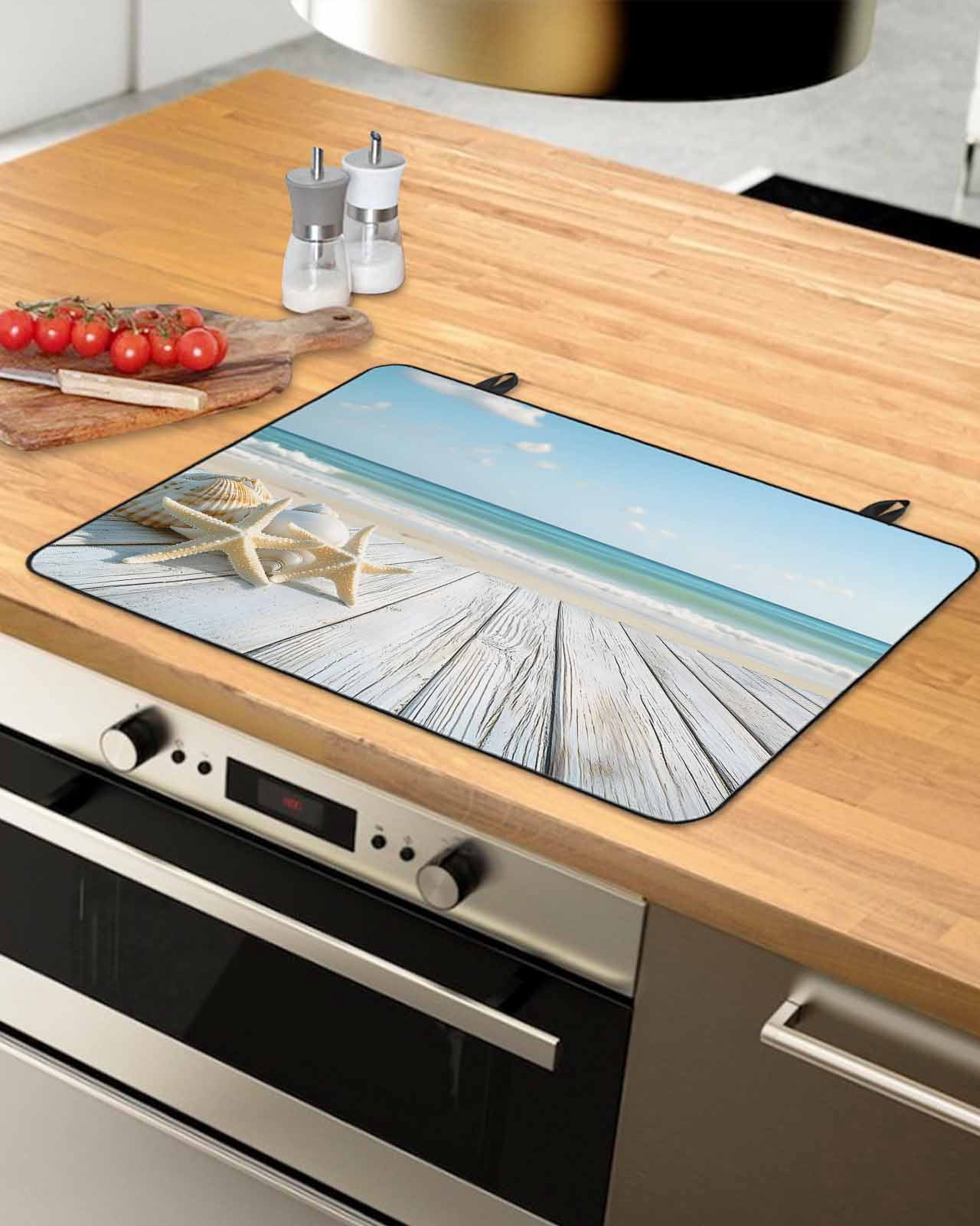 nqOlkjepod Large Induction Cooktop Protector Mat 36"x21", Summer Beach Stove Top Covers for Electric Stove, Ocean Coastal Starfish Seashells Blue Sky Stove Burner Cover Mats, Glass Top Stove Cover