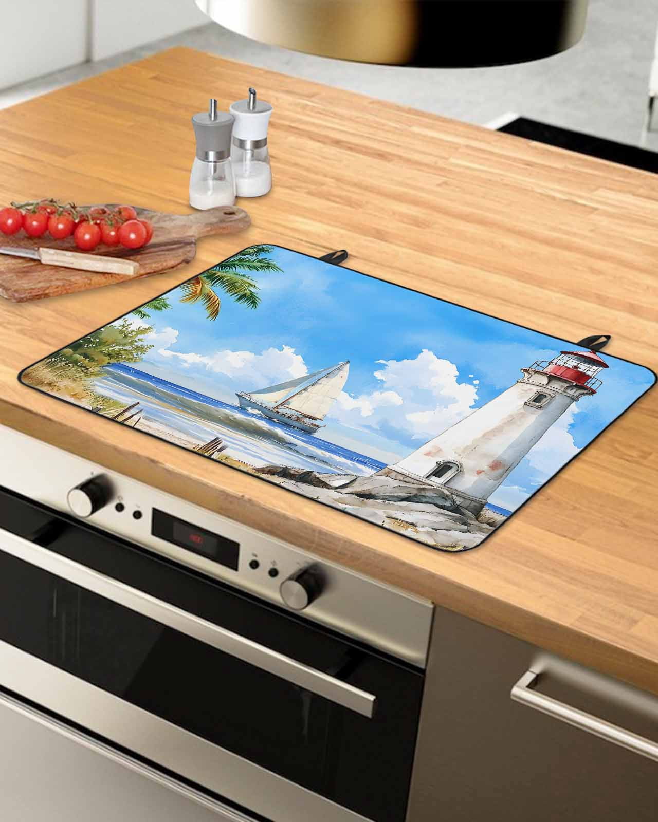 nqOlkjepod Large Induction Cooktop Protector Mat 36"x21", Summer Beach Stove Top Covers for Electric Stove, Retro Lighthouse Sailing Nautical Stove Burner Cover Mats, Glass Top Stove Cover