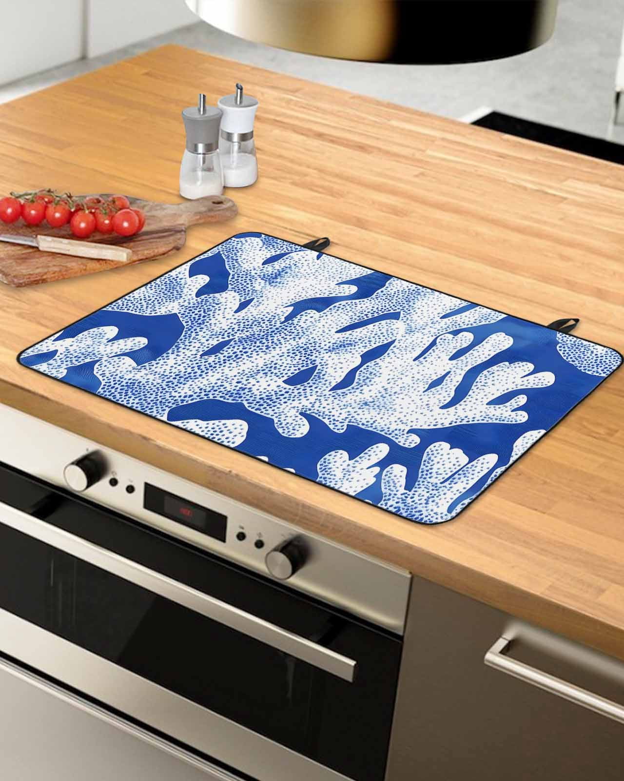 nqOlkjepod Large Induction Cooktop Protector Mat 36"x21", Summer Blue Coral Stove Top Covers for Electric Stove, Coastal Abstract Ocean Sea Plant Stove Burner Cover Mats, Glass Top Stove Cover