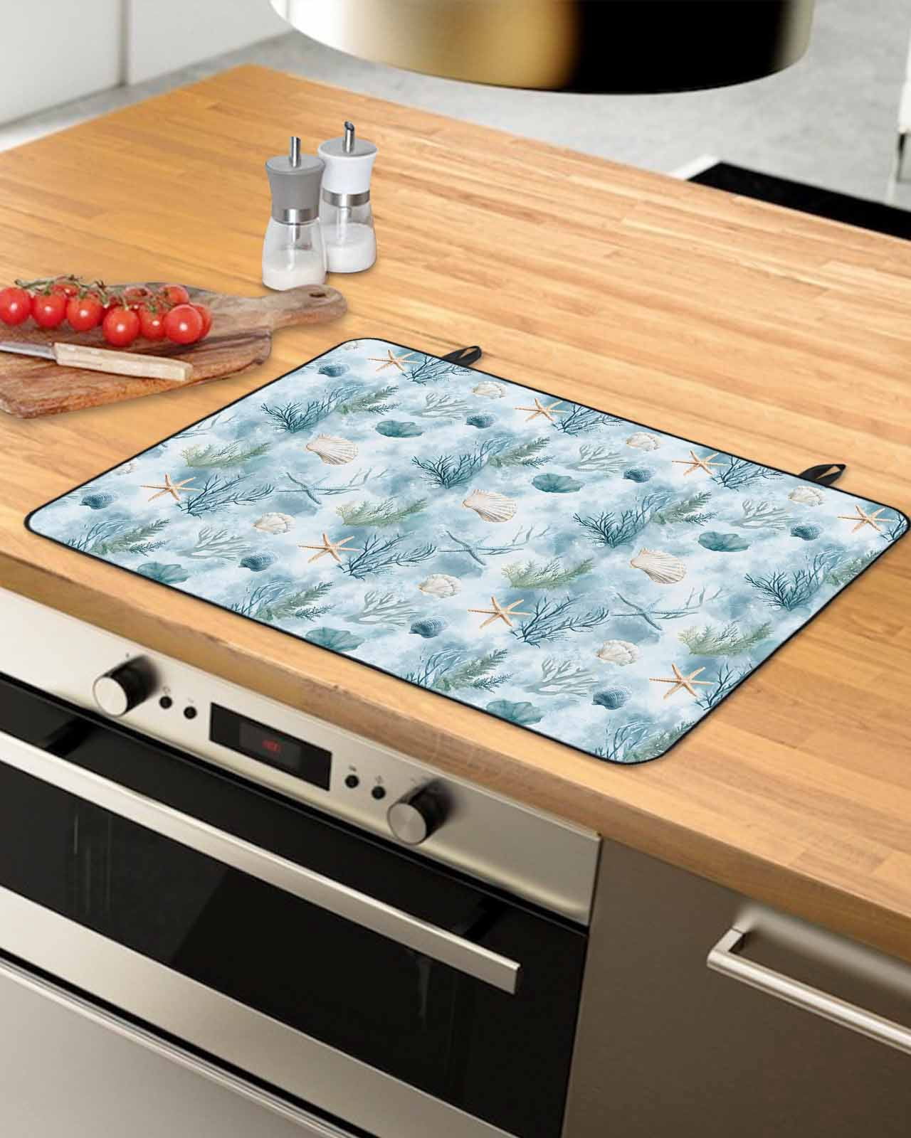 nqOlkjepod Large Induction Cooktop Protector Mat 36"x21", Summer Blue Coral Stove Top Covers for Electric Stove, Retro Coastal Starfish Conch Shell Stove Burner Cover Mats, Glass Top Stove Cover
