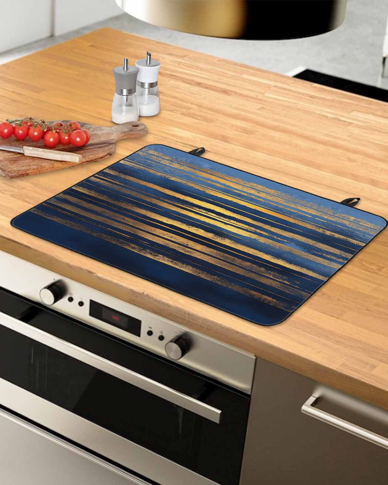 nqOlkjepod Large Induction Cooktop Protector Mat 36"x21", Summer Blue Gold Stove Top Covers for Electric Stove, Modern Coastal Ocean Wave Decorative Stove Burner Cover Mats, Glass Top Stove Cover