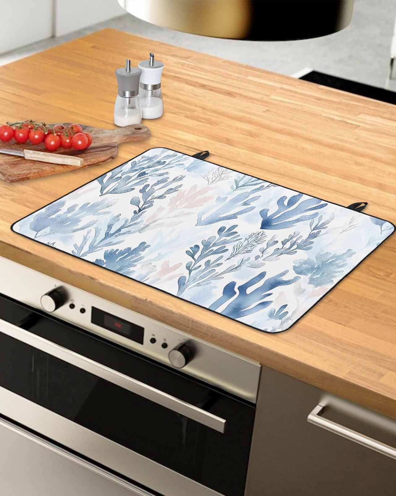 nqOlkjepod Large Induction Cooktop Protector Mat 36"x21", Summer Blue Seaweed Stove Top Covers for Electric Stove, Watercolor Sea Ocean Plant Stove Burner Cover Mats, Glass Top Stove Cover