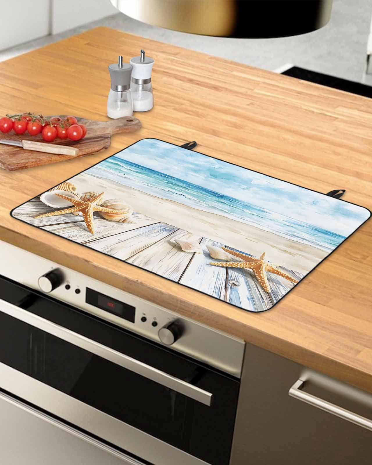 nqOlkjepod Large Induction Cooktop Protector Mat 36"x21", Summer Coastal Stove Top Covers for Electric Stove, Watercolor Ocean Waves Seaside Starfish Stove Burner Cover Mats, Glass Top Stove Cover