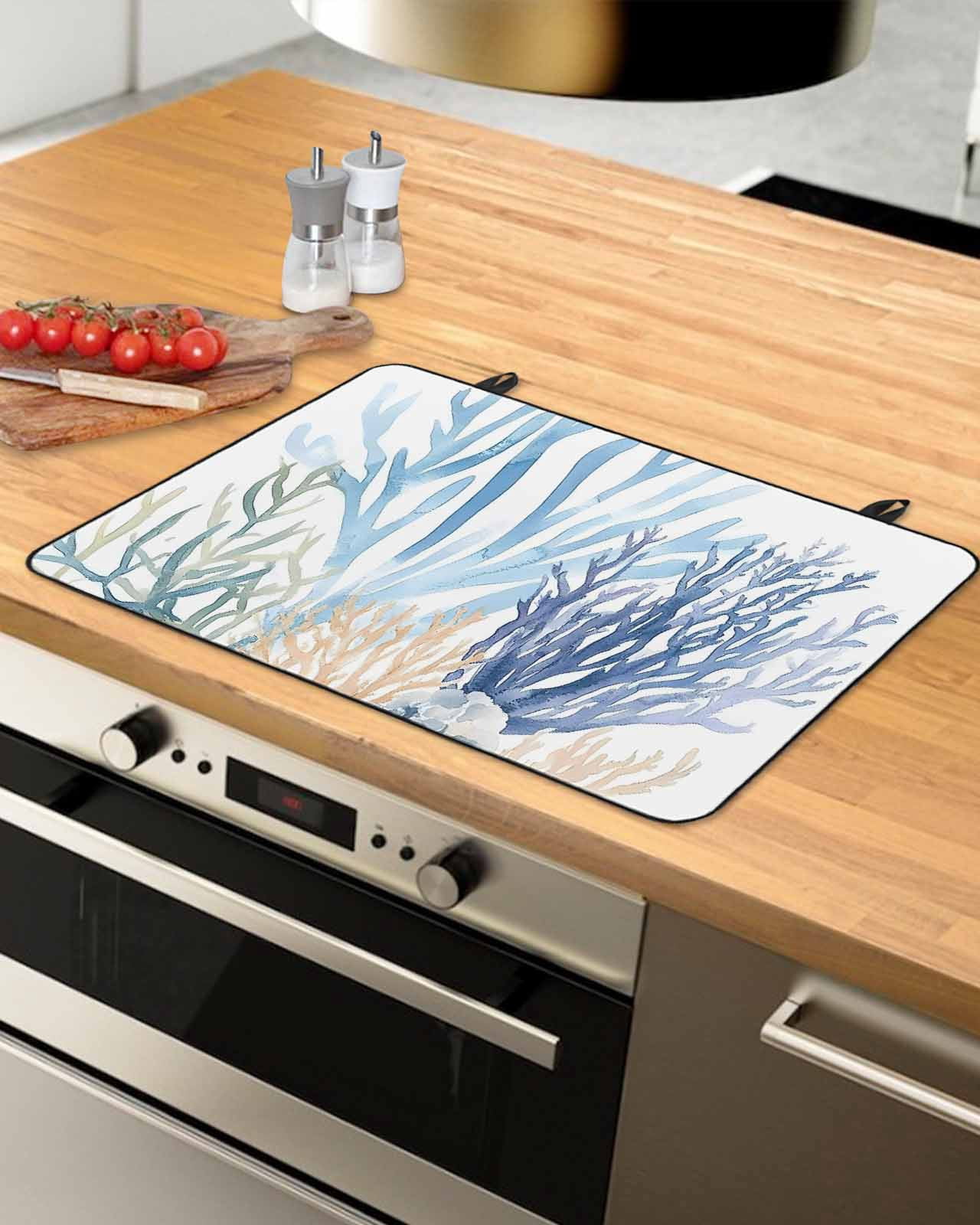 nqOlkjepod Large Induction Cooktop Protector Mat 36"x21", Summer Coral Stove Top Covers for Electric Stove, Vintage Coastal Ocean Blue Green Plant Stove Burner Cover Mats, Glass Top Stove Cover