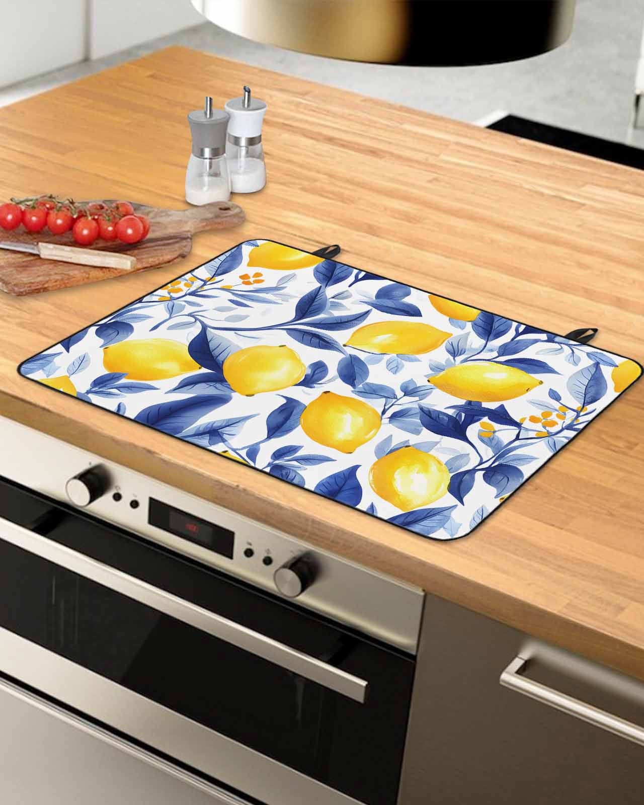 nqOlkjepod Large Induction Cooktop Protector Mat 36"x21", Summer Lemon Stove Top Covers for Electric Stove, Watercolor Yellow Blue Garden Floral Stove Burner Cover Mats, Glass Top Stove Cover