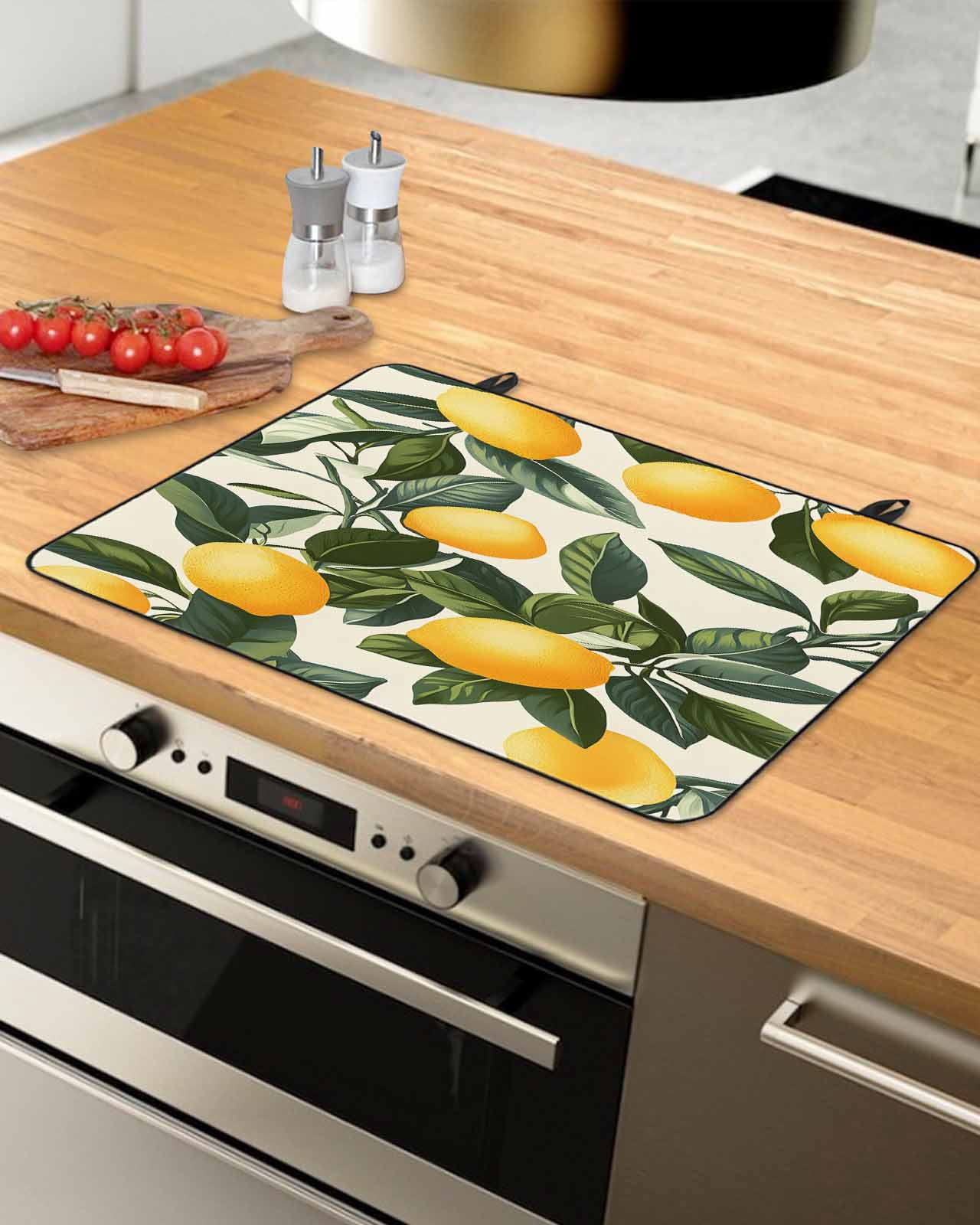 nqOlkjepod Large Induction Cooktop Protector Mat 36"x21", Summer Lemon Stove Top Covers for Electric Stove, Watercolor Yellow Green Leaves Fruit Stove Burner Cover Mats, Glass Top Stove Cover