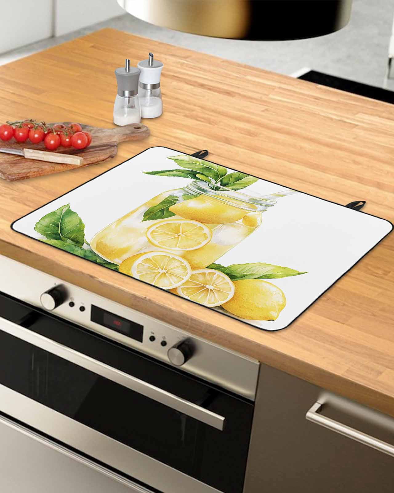 nqOlkjepod Large Induction Cooktop Protector Mat 36"x21", Summer Lemon Stove Top Covers for Electric Stove, Yellow Fruits Green Leaf Watercolor Stove Burner Cover Mats, Glass Top Stove Cover