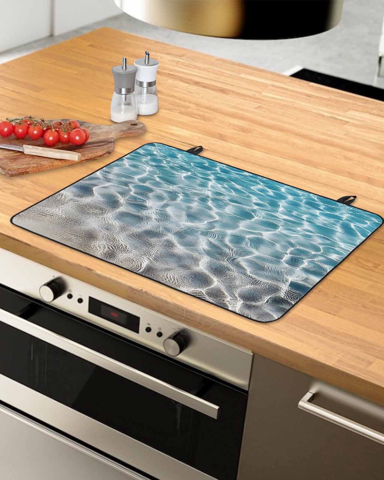 nqOlkjepod Large Induction Cooktop Protector Mat 36"x21", Summer Ocean Stove Top Covers for Electric Stove, Blue Water Ripple Farmhouse Texture Stove Burner Cover Mats, Glass Top Stove Cover