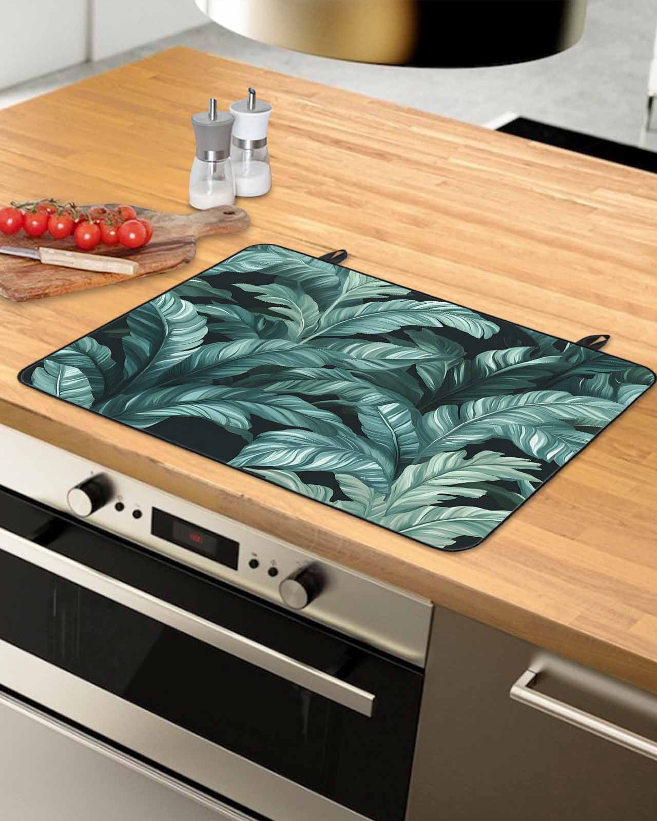 nqOlkjepod Large Induction Cooktop Protector Mat 36"x21", Summer Plant Stove Top Covers for Electric Stove, Green Tropical Palm Leaves Nature Retro Stove Burner Cover Mats, Glass Top Stove Cover