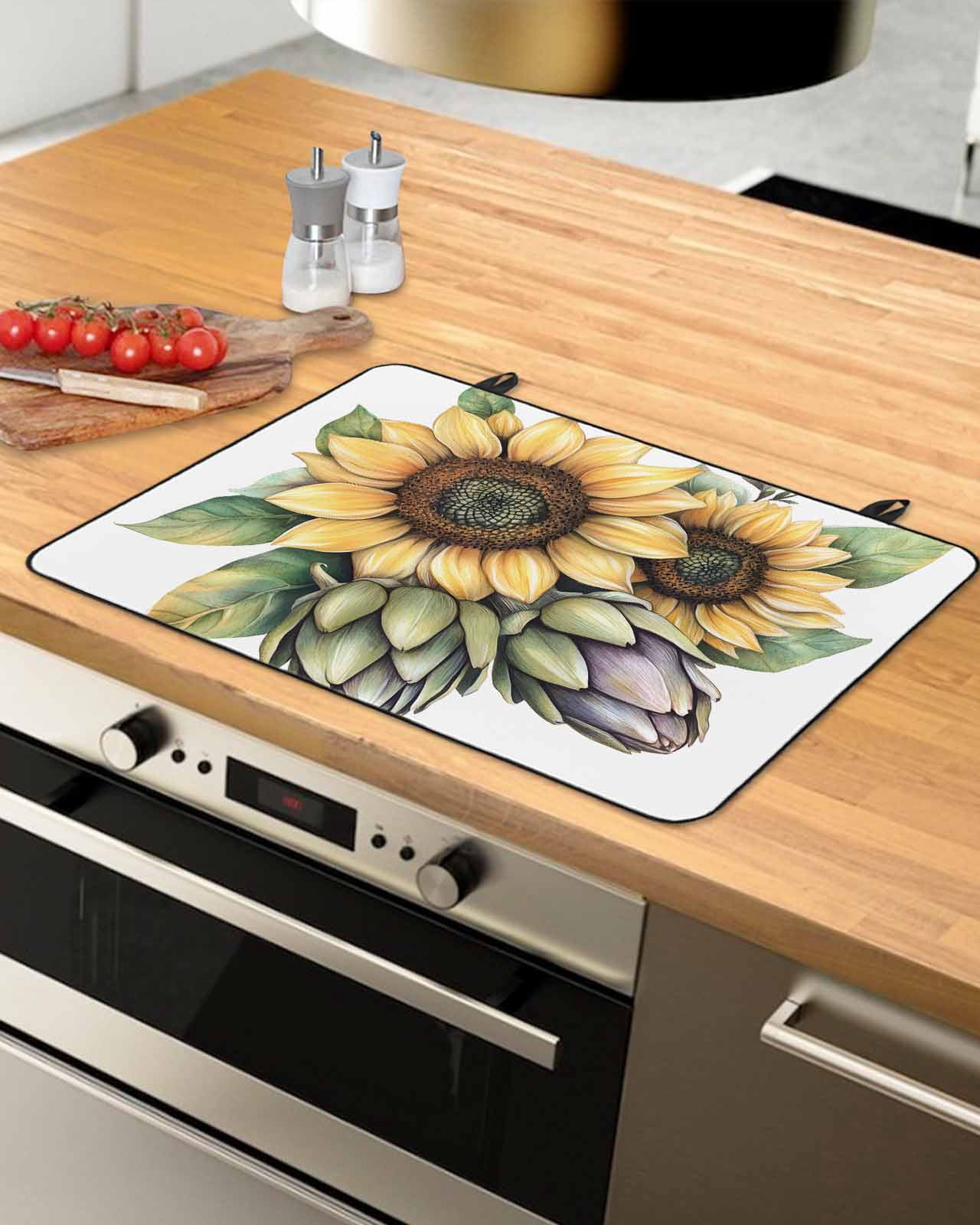 nqOlkjepod Large Induction Cooktop Protector Mat 36"x21", Summer Sunflower Stove Top Covers for Electric Stove, Blooming Spring Floral Leaf Decorative Stove Burner Cover Mats, Glass Top Stove Cover