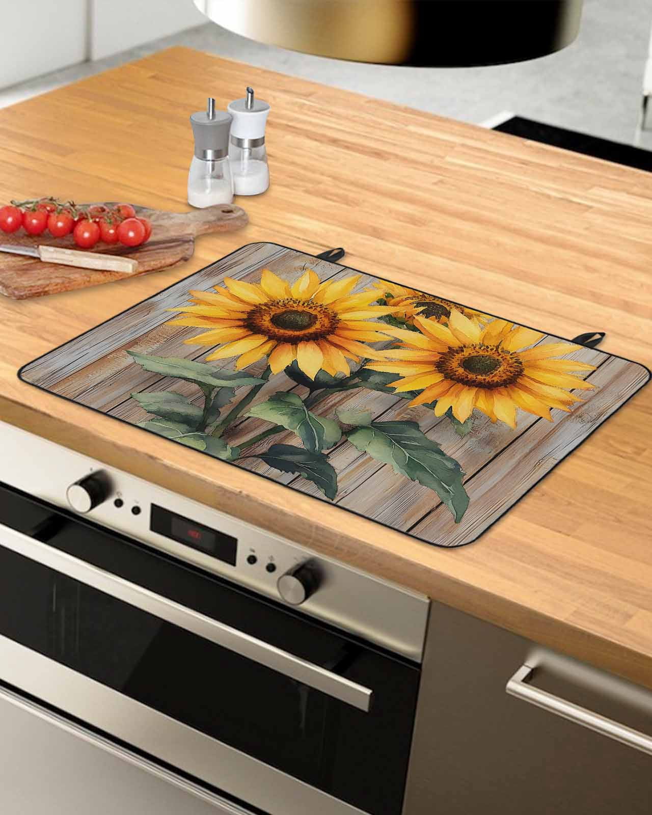 nqOlkjepod Large Induction Cooktop Protector Mat 36"x21", Summer Sunflower Stove Top Covers for Electric Stove, Vintage Wood Floral Botanical Rustic Stove Burner Cover Mats, Glass Top Stove Cover
