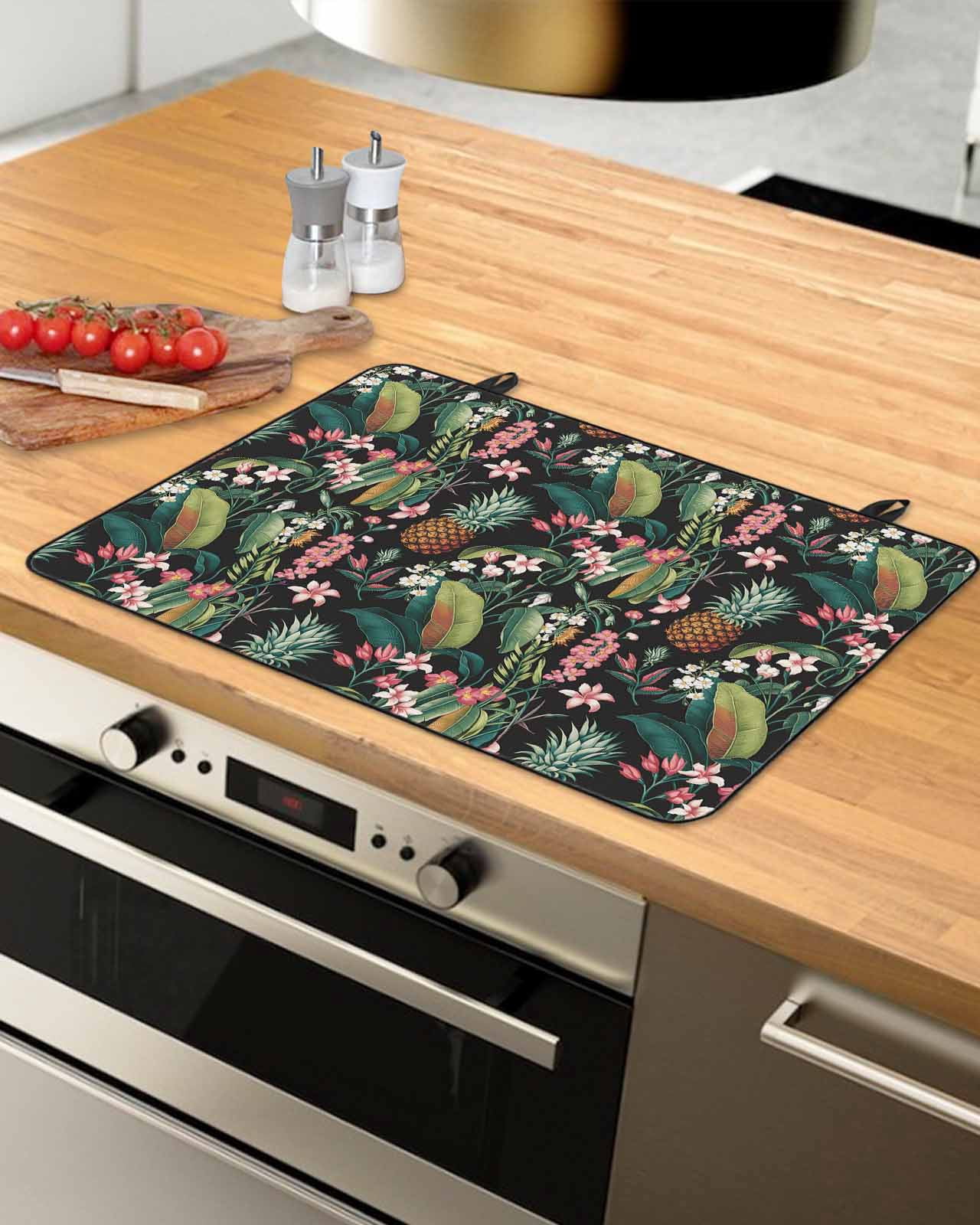 nqOlkjepod Large Induction Cooktop Protector Mat 36"x21", Summer Tropical Stove Top Covers for Electric Stove, Pineapple Floral Botanical Leaves Stove Burner Cover Mats, Glass Top Stove Cover