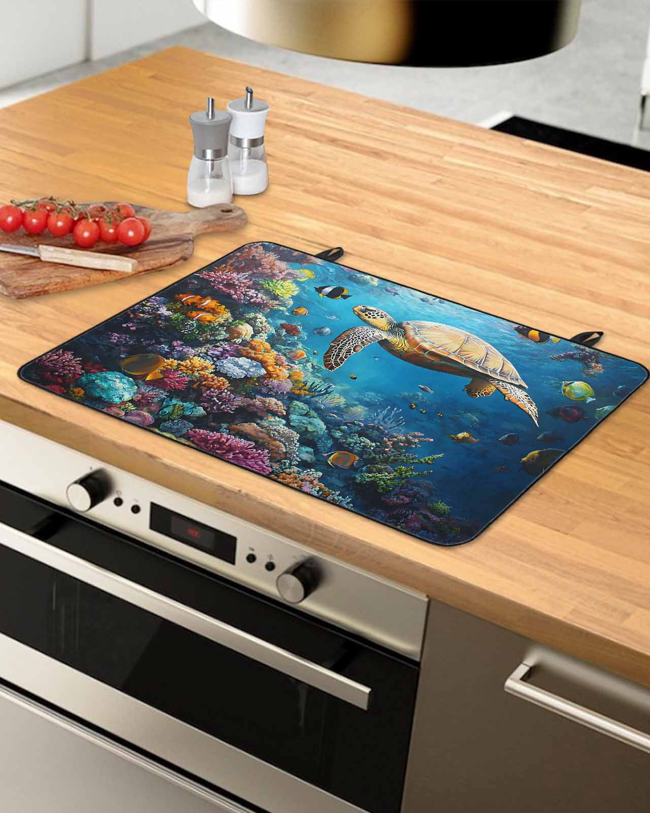 nqOlkjepod Large Induction Cooktop Protector Mat 36"x21", Summer Turtle Stove Top Covers for Electric Stove, Ocean Coral Underwater Sea Fish Animal Stove Burner Cover Mats, Glass Top Stove Cover