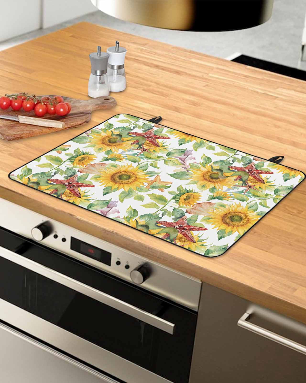 nqOlkjepod Large Induction Cooktop Protector Mat 36"x21", Summer Yellow Sunflower Stove Top Covers for Electric Stove, Green Leaves Starfish Country Stove Burner Cover Mats, Glass Top Stove Cover