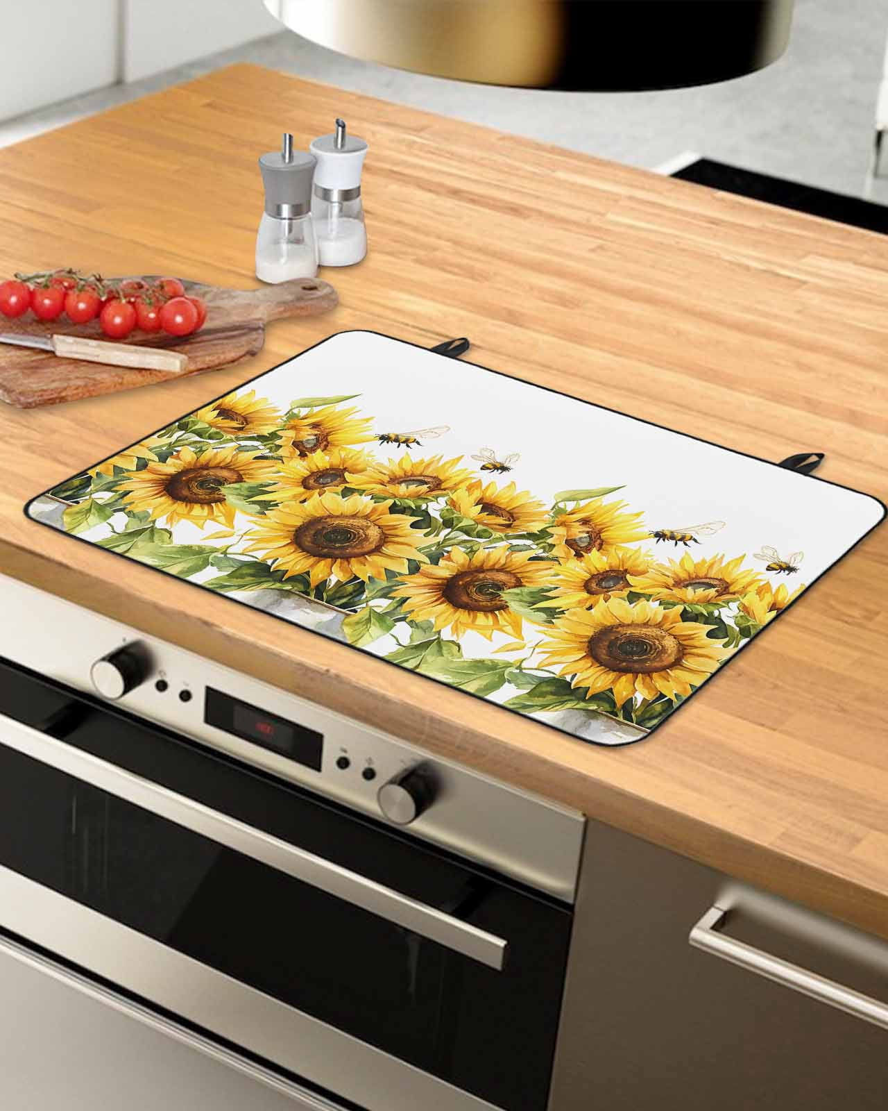 nqOlkjepod Large Induction Cooktop Protector Mat 36"x21", Sunflower Bee Stove Top Covers for Electric Stove, Watercolor Yellow White Summer Spring Stove Burner Cover Mats, Glass Top Stove Cover