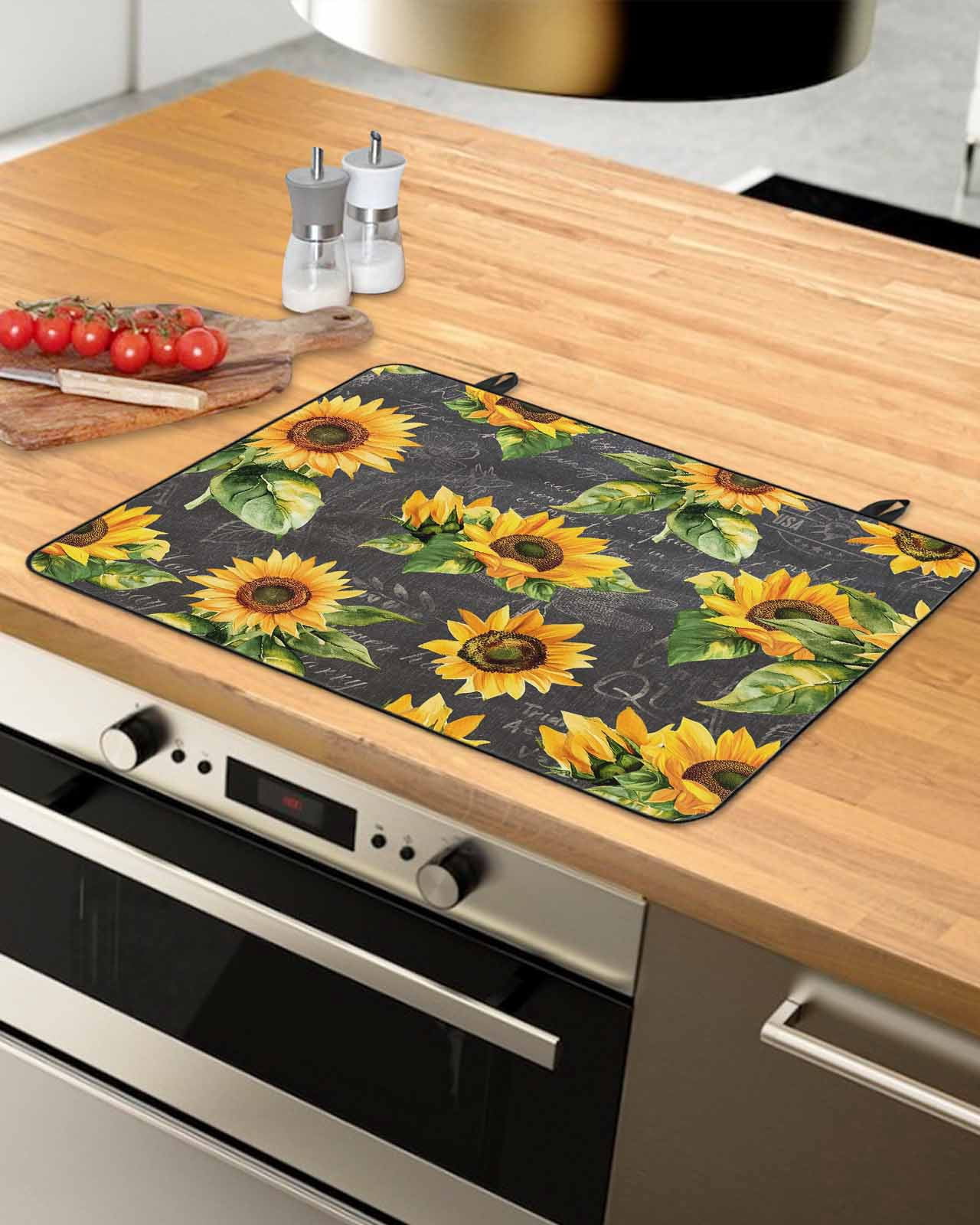 nqOlkjepod Large Induction Cooktop Protector Mat 36"x21", Sunflower Black Retro Stove Top Covers for Electric Stove, Spring Summer Flowers Botanical Stove Burner Cover Mats, Glass Top Stove Cover