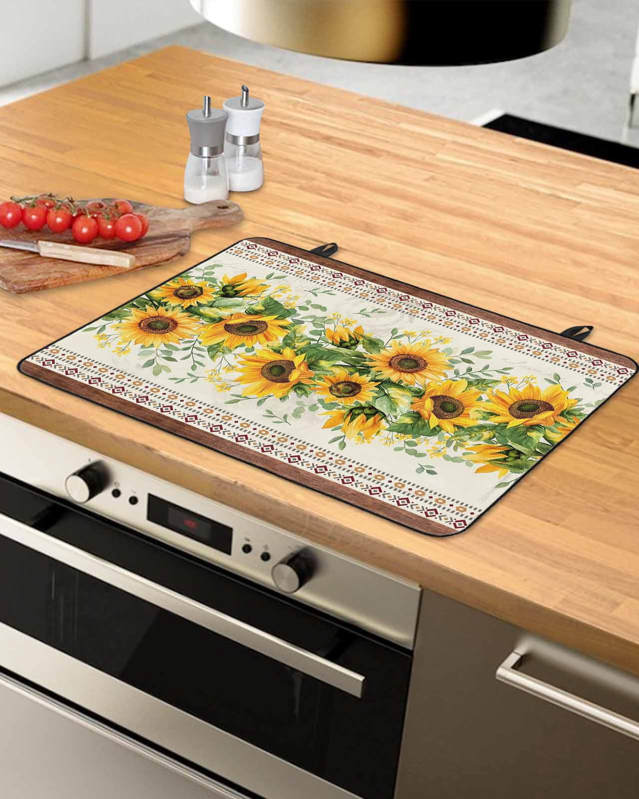 nqOlkjepod Large Induction Cooktop Protector Mat 36"x21", Sunflower Brown Stove Top Covers for Electric Stove, Retro Southwest Country Plant Leaf Floral Stove Burner Cover Mats Stove Cover