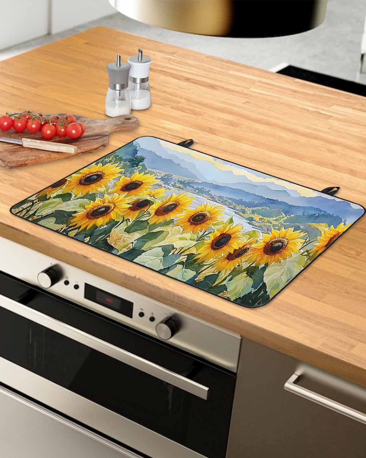 nqOlkjepod Large Induction Cooktop Protector Mat 36"x21", Sunflower Field Stove Top Covers for Electric Stove, Summer Watercolor Botanical Floral Stove Burner Cover Mats, Glass Top Stove Cover