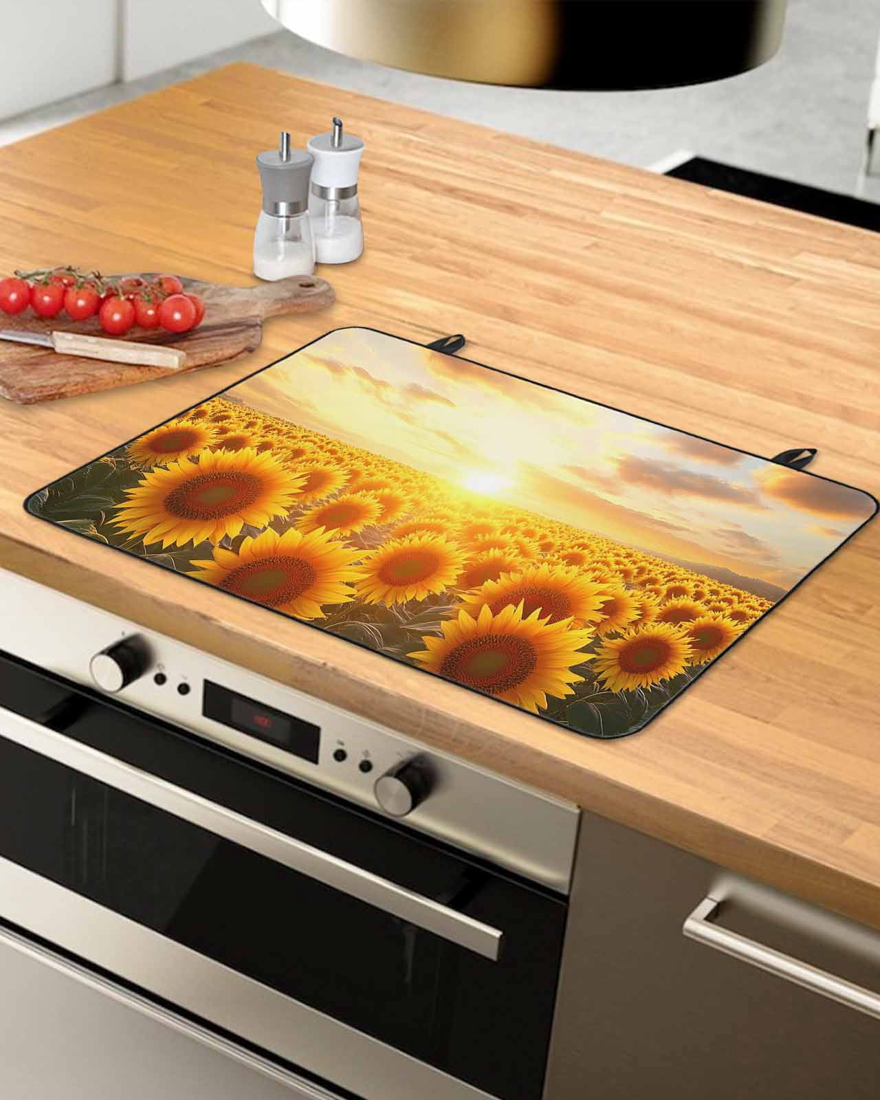 nqOlkjepod Large Induction Cooktop Protector Mat 36"x21", Sunflower Floral Stove Top Covers for Electric Stove, Summer Pastoral Botanical Flowers Stove Burner Cover Mats, Glass Top Stove Cover
