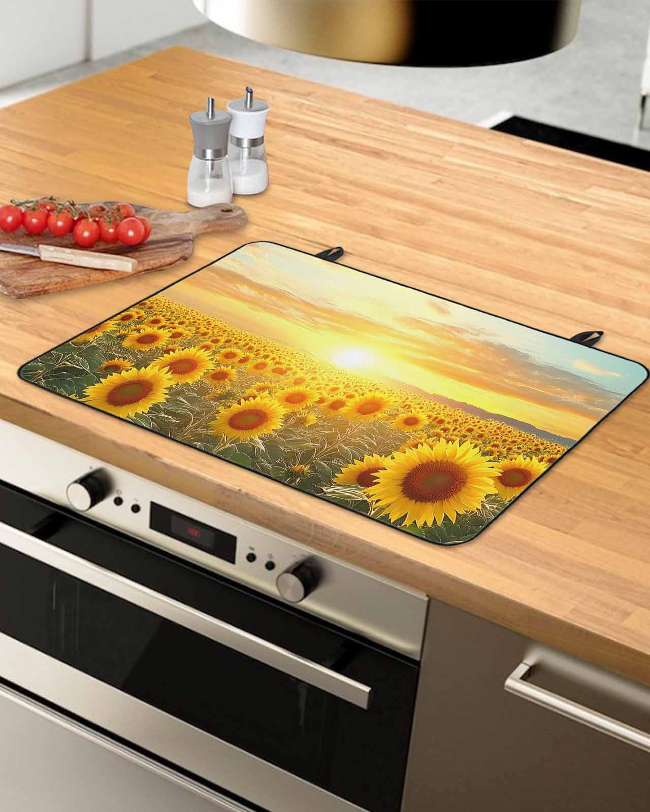 nqOlkjepod Large Induction Cooktop Protector Mat 36"x21", Sunflower Flowers Stove Top Covers for Electric Stove, Summer Sunset Floral Field Pastoral Stove Burner Cover Mats, Glass Top Stove Cover
