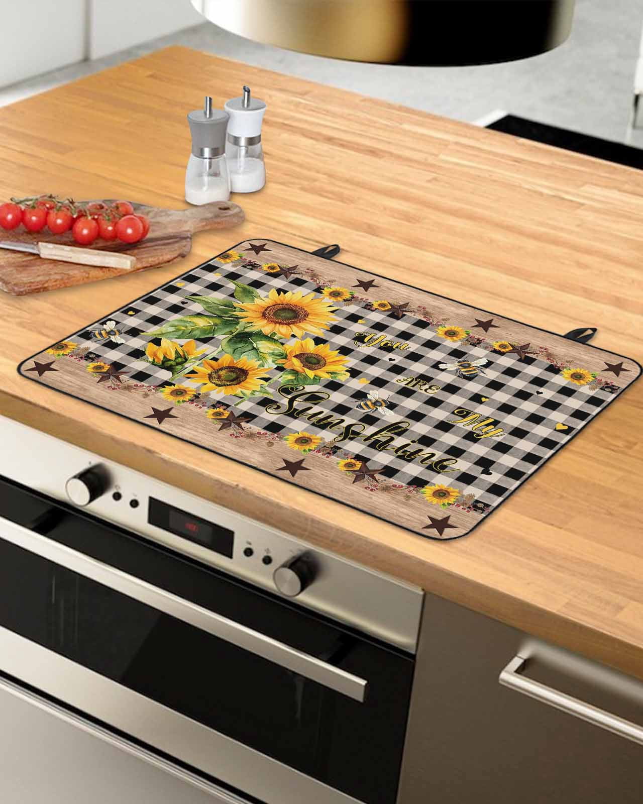 nqOlkjepod Large Induction Cooktop Protector Mat 36"x21", Sunflower Plaid Stove Top Covers for Electric Stove, Country Sunshine Star Vintage Bee Black Stove Burner Cover Mats, Glass Top Stove Cover