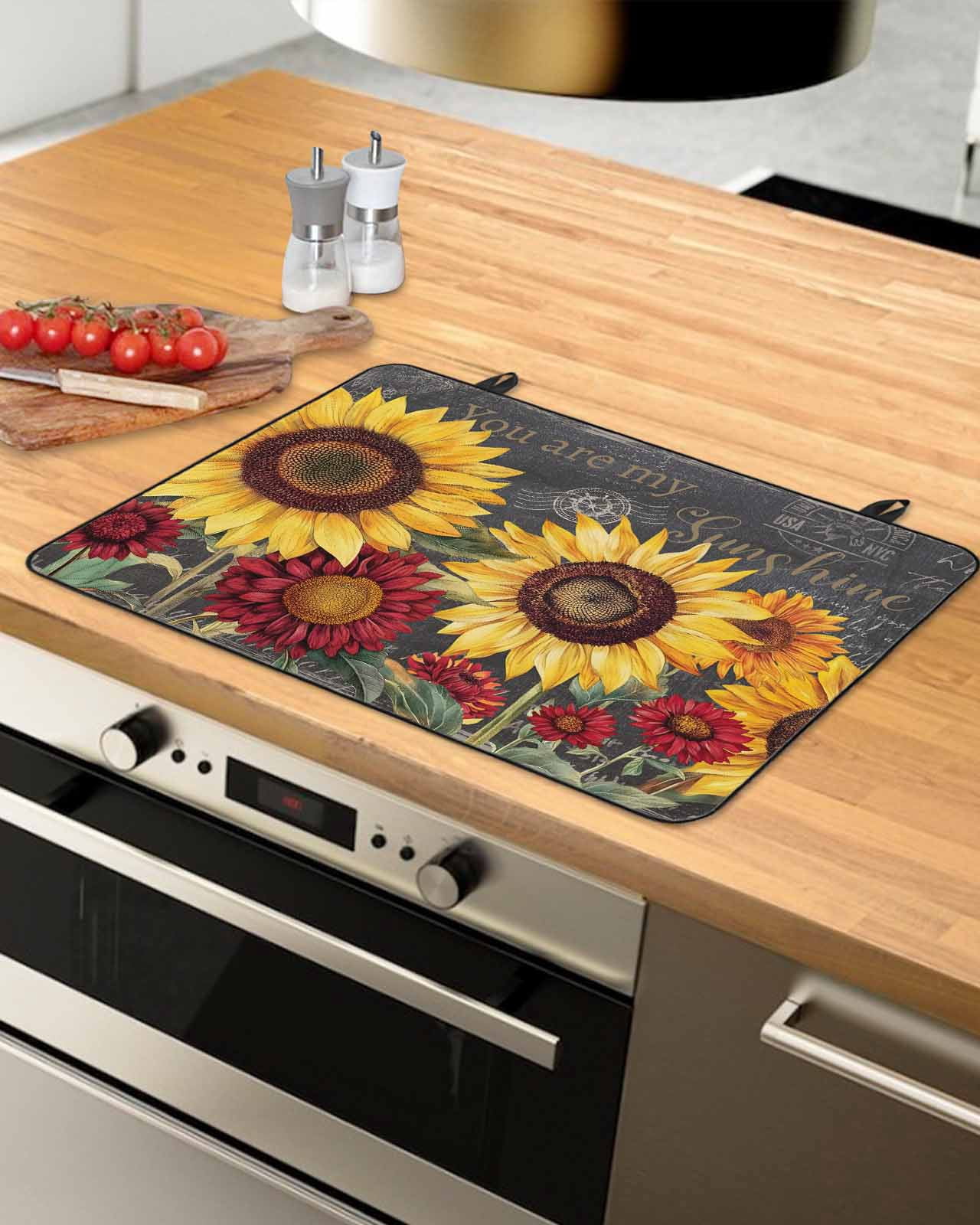 nqOlkjepod Large Induction Cooktop Protector Mat 36"x21", Sunflower Retro Stove Top Covers for Electric Stove, Spring Summer Rustic Flowers Botanical Stove Burner Cover Mats, Glass Top Stove Cover