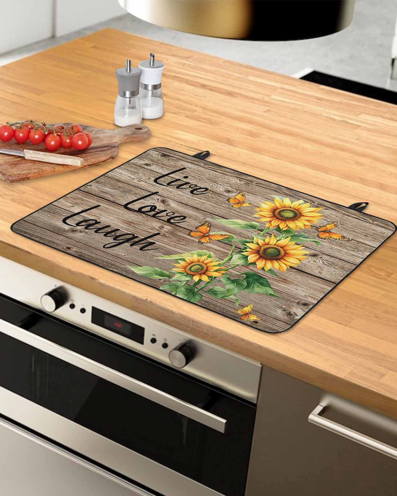 nqOlkjepod Large Induction Cooktop Protector Mat 36"x21", Sunflower Rustic Stove Top Covers for Electric Stove, Vintage Wooden Flowers Butterfly Stove Burner Cover Mats, Glass Top Stove Cover