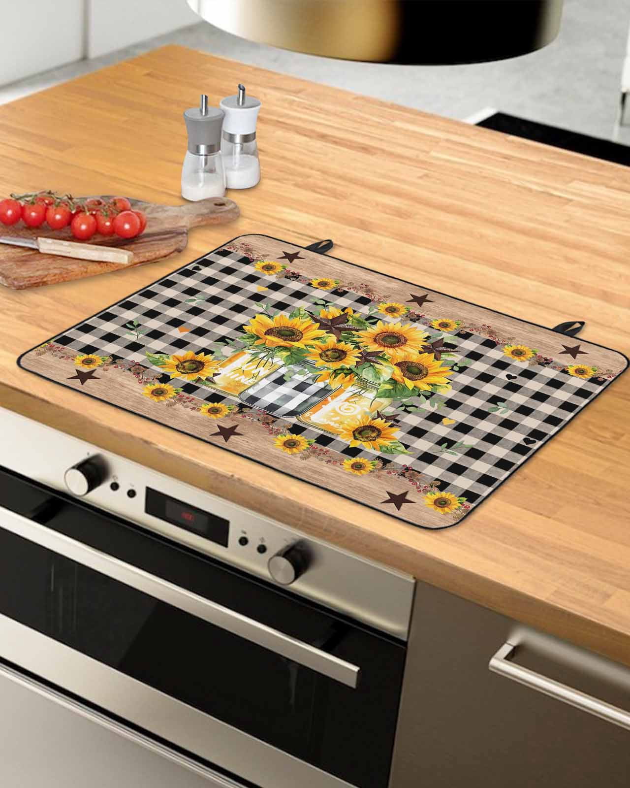 nqOlkjepod Large Induction Cooktop Protector Mat 36"x21", Sunflower Stove Top Covers for Electric Stove, Black White Plaid Farmhouse Stars Decorative Stove Burner Cover Mats, Glass Top Stove Cover