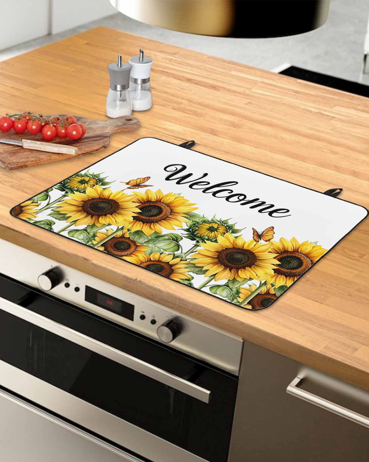 nqOlkjepod Large Induction Cooktop Protector Mat 36"x21", Sunflower Stove Top Covers for Electric Stove, Summer Botanical Floral Welcome Decorative Stove Burner Cover Mats, Glass Top Stove Cover