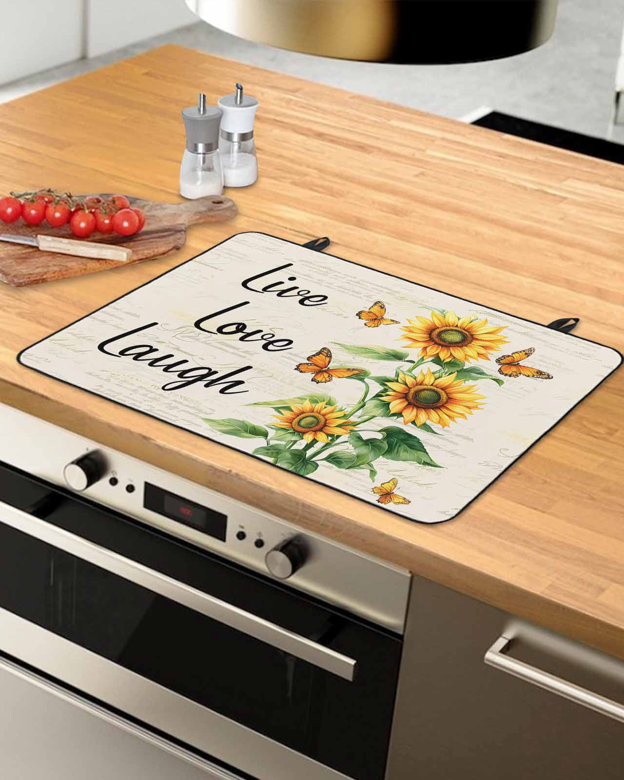 nqOlkjepod Large Induction Cooktop Protector Mat 36"x21", Sunflower Stove Top Covers for Electric Stove, Watercolor Summer Botanical Butterfly Rustic Stove Burner Cover Mats, Glass Top Stove Cover