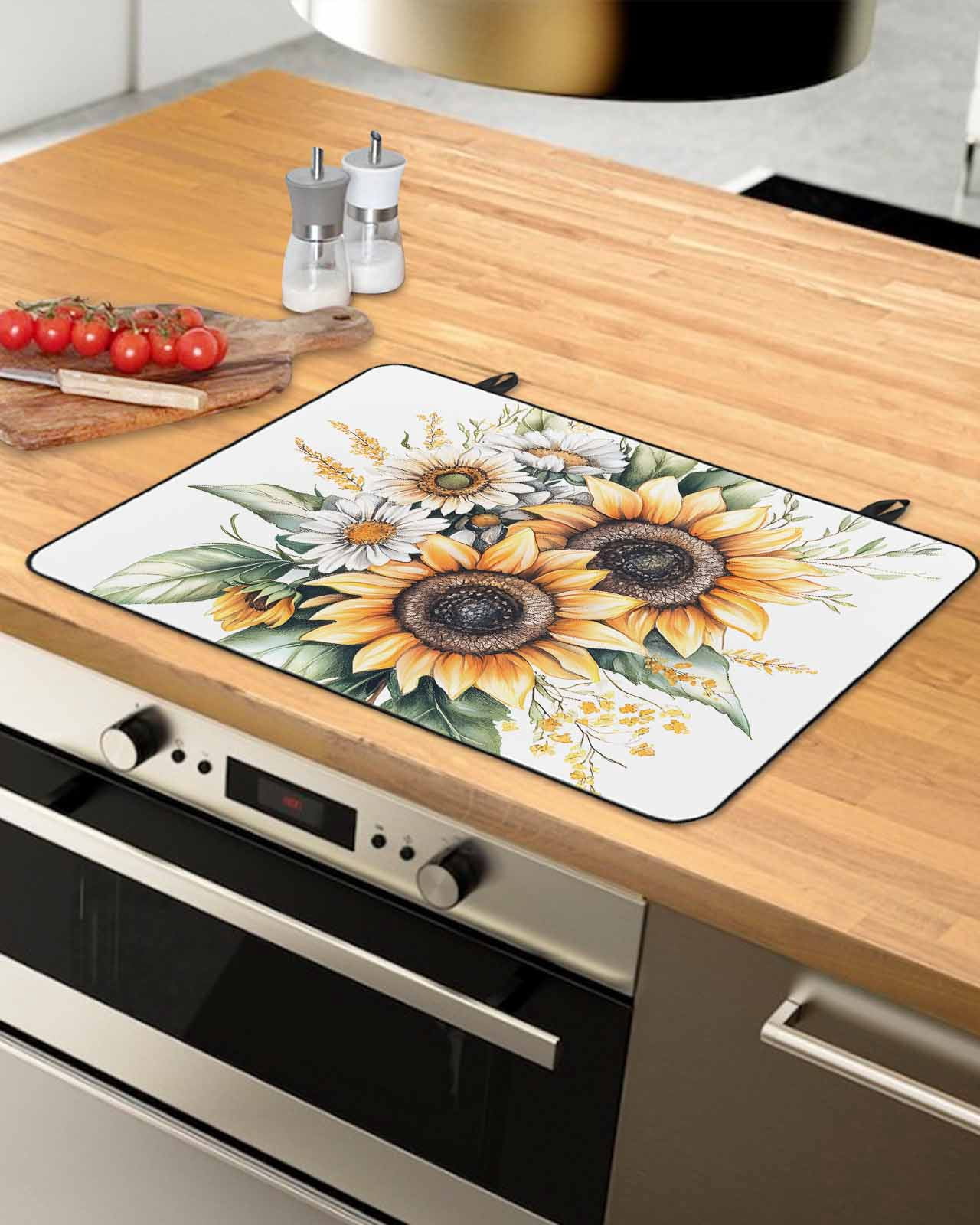 nqOlkjepod Large Induction Cooktop Protector Mat 36"x21", Sunflower Stove Top Covers for Electric Stove, Watercolor Summer Botanical Daisy Decorative Stove Burner Cover Mats, Glass Top Stove Cover