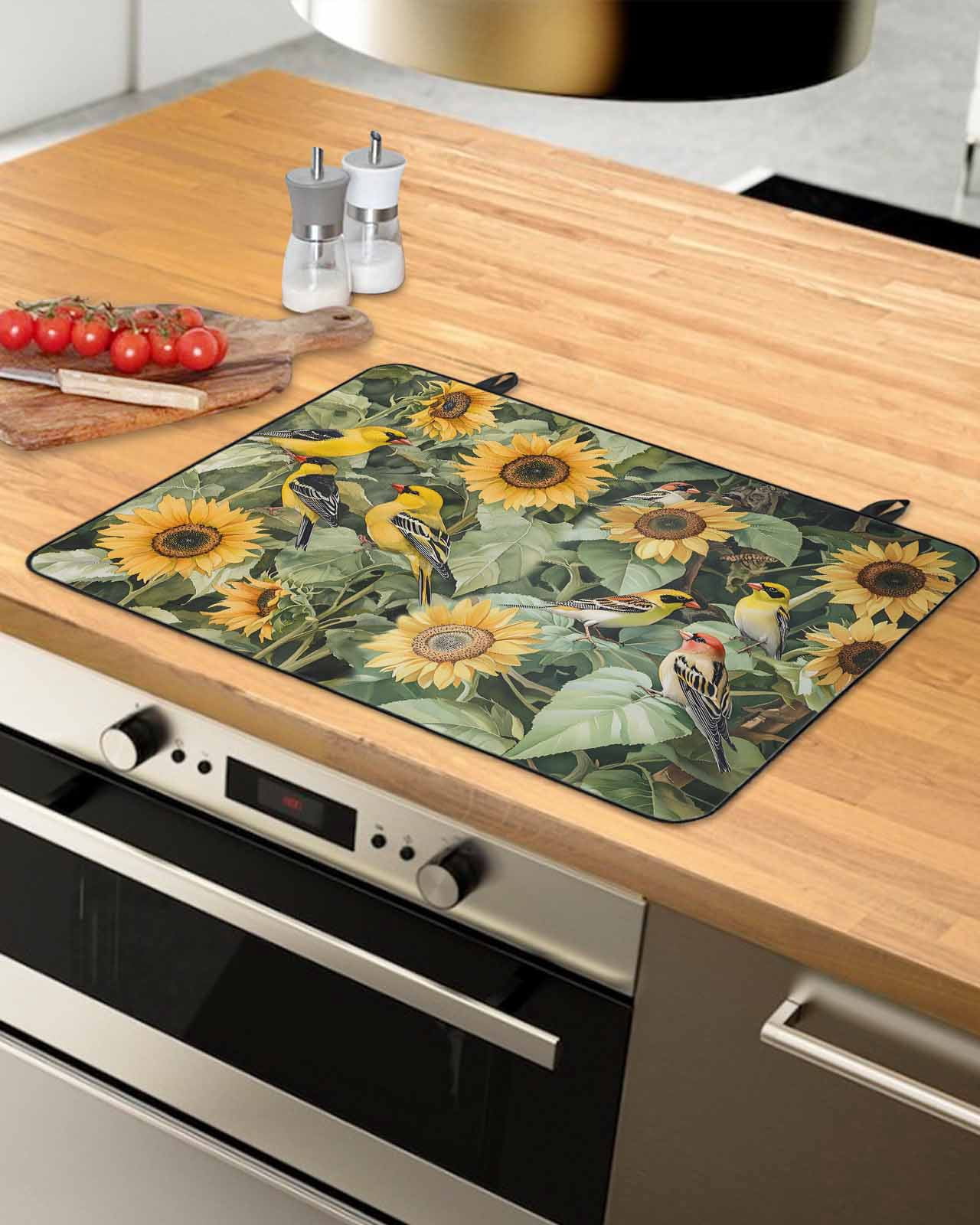nqOlkjepod Large Induction Cooktop Protector Mat 36"x21", Sunflower Stove Top Covers for Electric Stove, Yellow Summer Floral Birds Pastoral Decorative Stove Burner Cover Mats, Glass Top Stove Cover