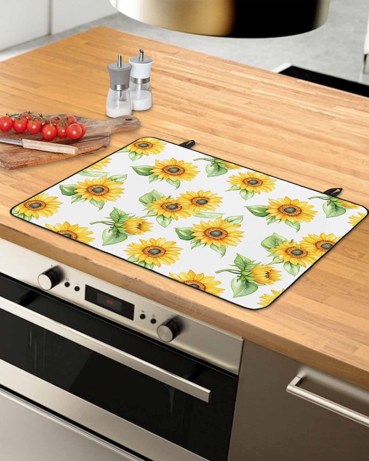 nqOlkjepod Large Induction Cooktop Protector Mat 36"x21", Sunflower Stove Top Covers for Electric Stove, Yellow Summer Floral Watercolor Decorative Stove Burner Cover Mats, Glass Top Stove Cover
