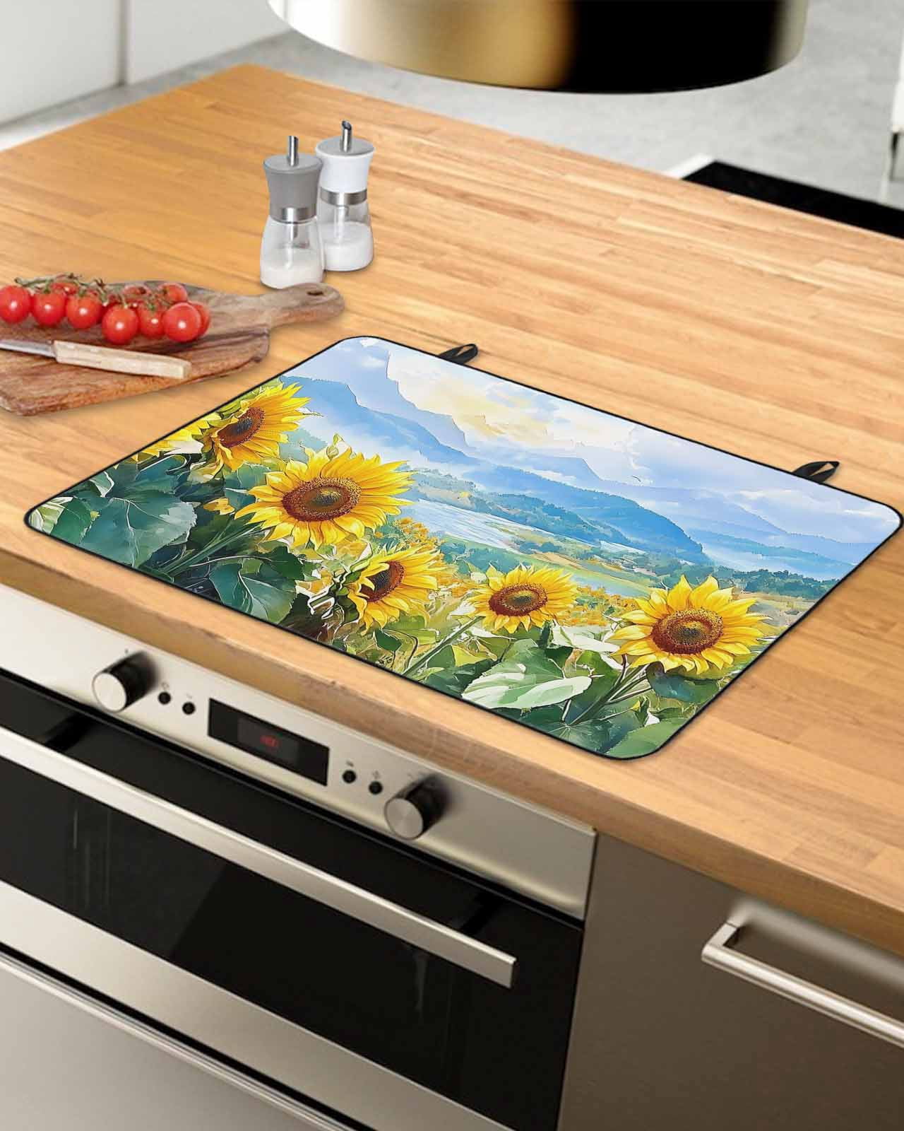 nqOlkjepod Large Induction Cooktop Protector Mat 36"x21", Sunflower Summer Stove Top Covers for Electric Stove, Spring Field Vintage Botanical Flowers Stove Burner Cover Mats, Glass Top Stove Cover