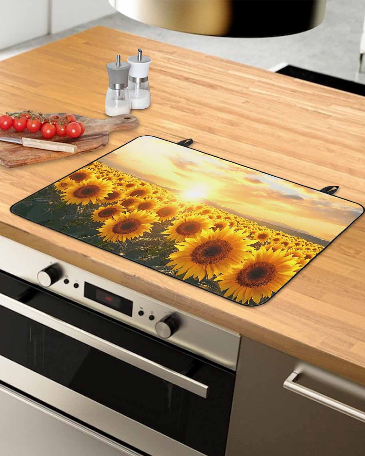 nqOlkjepod Large Induction Cooktop Protector Mat 36"x21", Sunflower Summer Stove Top Covers for Electric Stove, Vintage Farmhouse Sunset Botanical Stove Burner Cover Mats, Glass Top Stove Cover