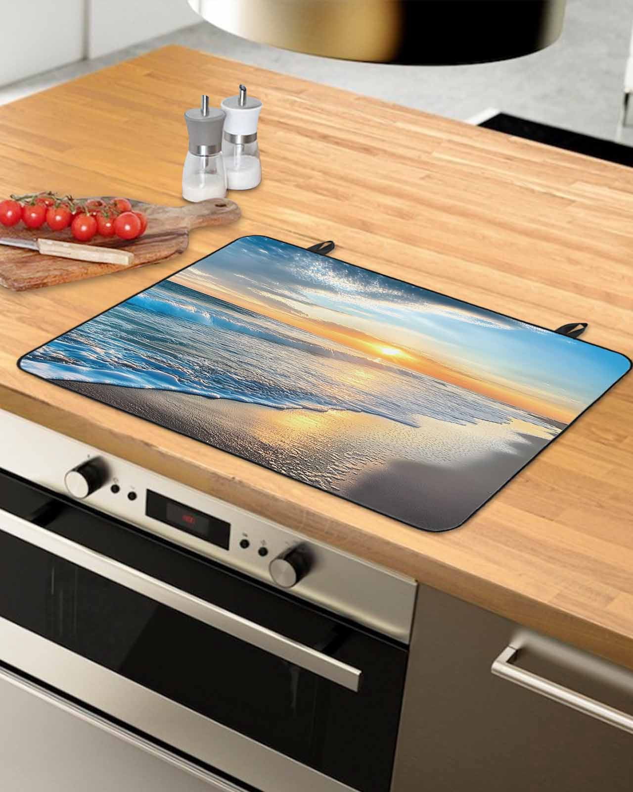 nqOlkjepod Large Induction Cooktop Protector Mat 36"x21", Sunset Beach Stove Top Covers for Electric Stove, Spray Ocean Waves Sky Nature Scenery Stove Burner Cover Mats, Glass Top Stove Cover