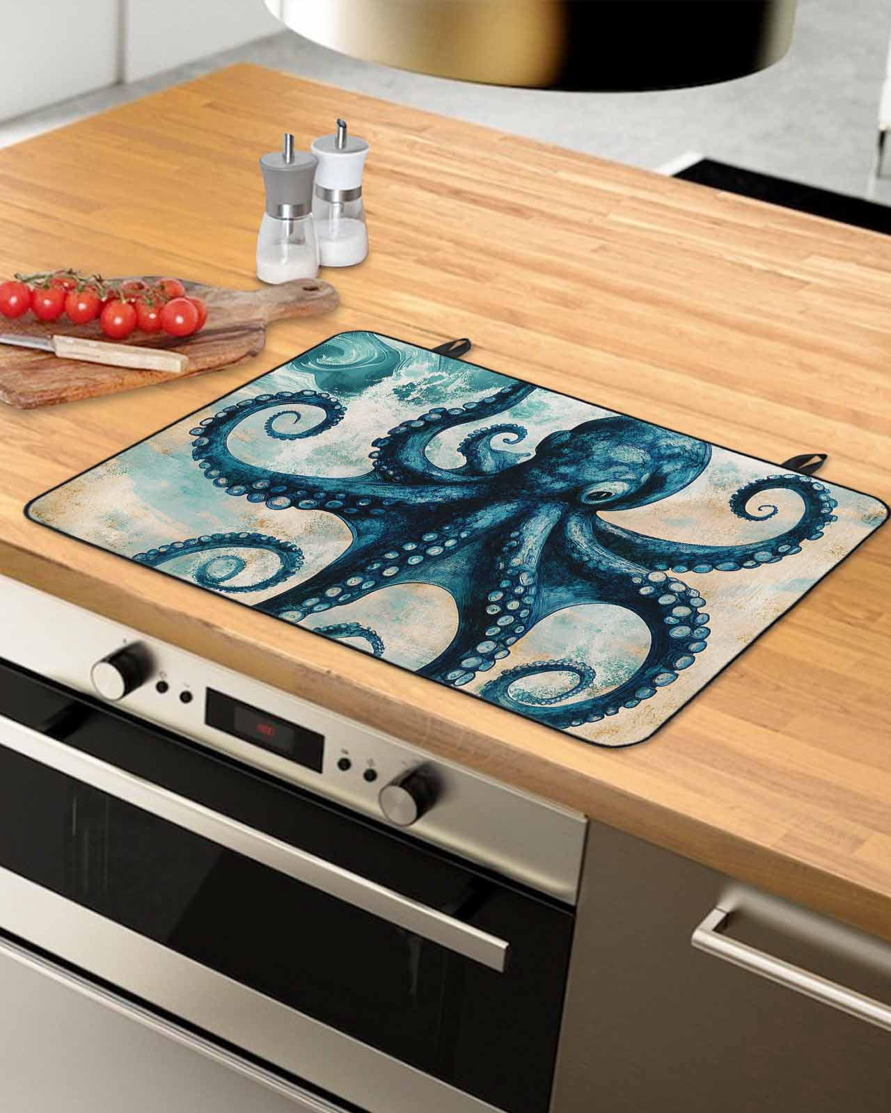 nqOlkjepod Large Induction Cooktop Protector Mat 36"x21", Teal Blue Octopus Stove Top Covers for Electric Stove, Summer Coastal Beach Wave Decorative Stove Burner Cover Mats, Glass Top Stove Cover