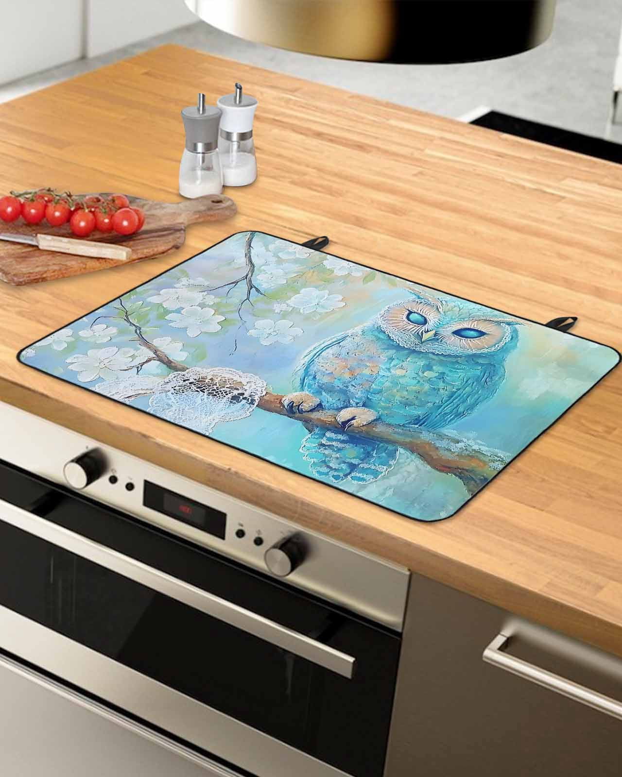 nqOlkjepod Large Induction Cooktop Protector Mat 36"x21", Teal Blue Owl Stove Top Covers for Electric Stove, Modern Flowers Birds on Branch Decorative Stove Burner Cover Mats, Glass Top Stove Cover